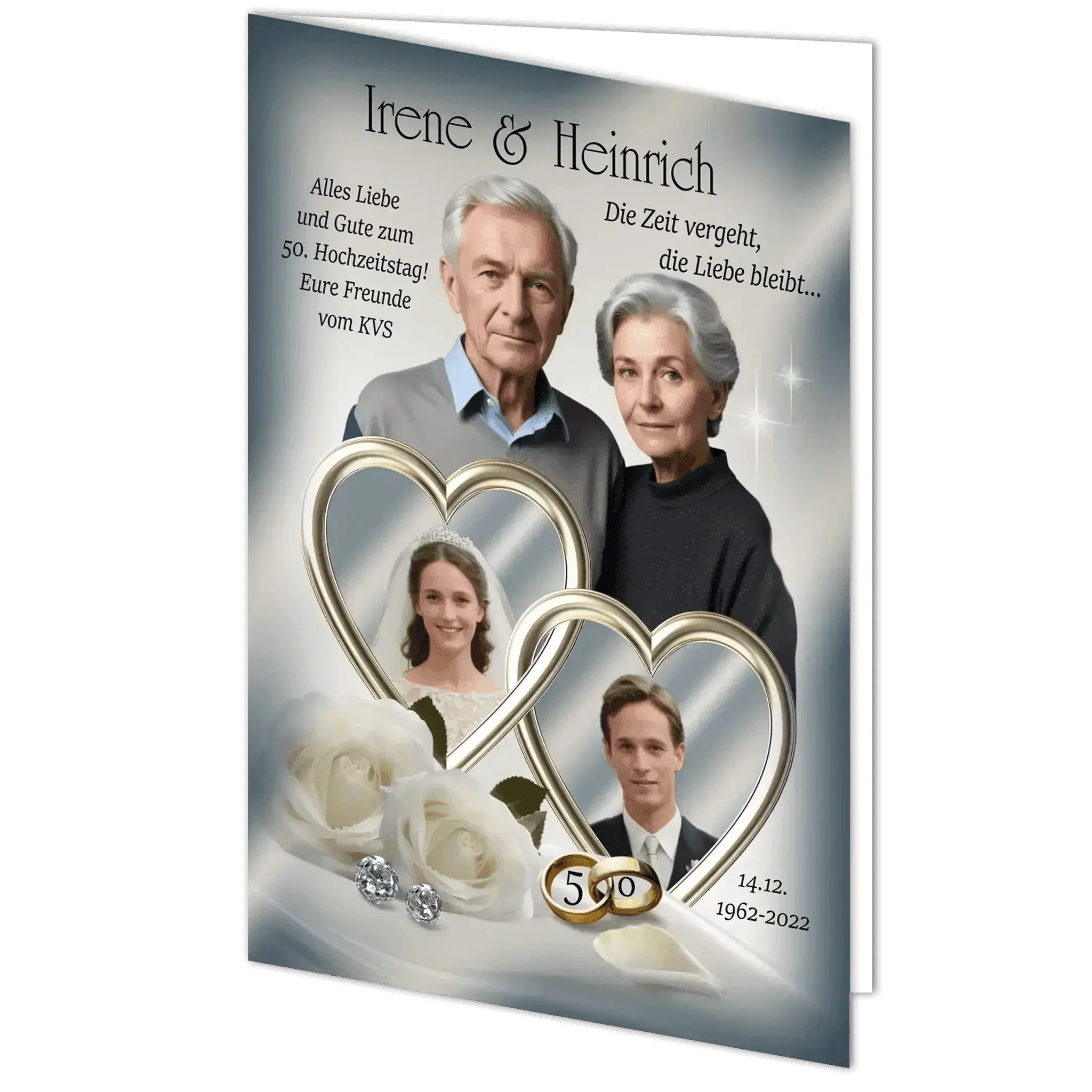 Grußkarte Goldene Hochzeit mit älterem Paar, weißen Rosen, goldenen Ringen und Herzen.