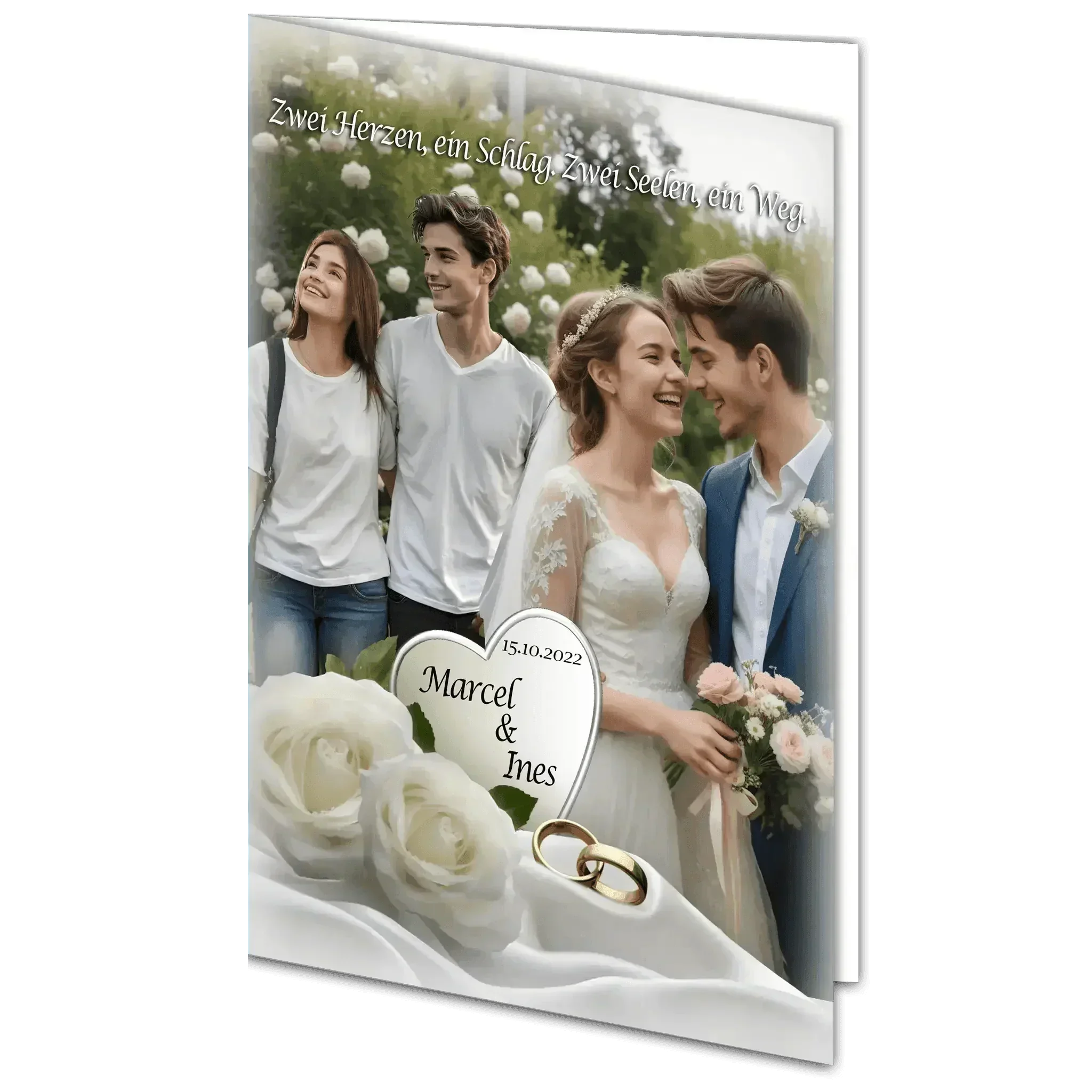 Hochzeitskarte mit Brautpaar, weißen Rosen, goldenen Ringen und Liebespaar im Garten