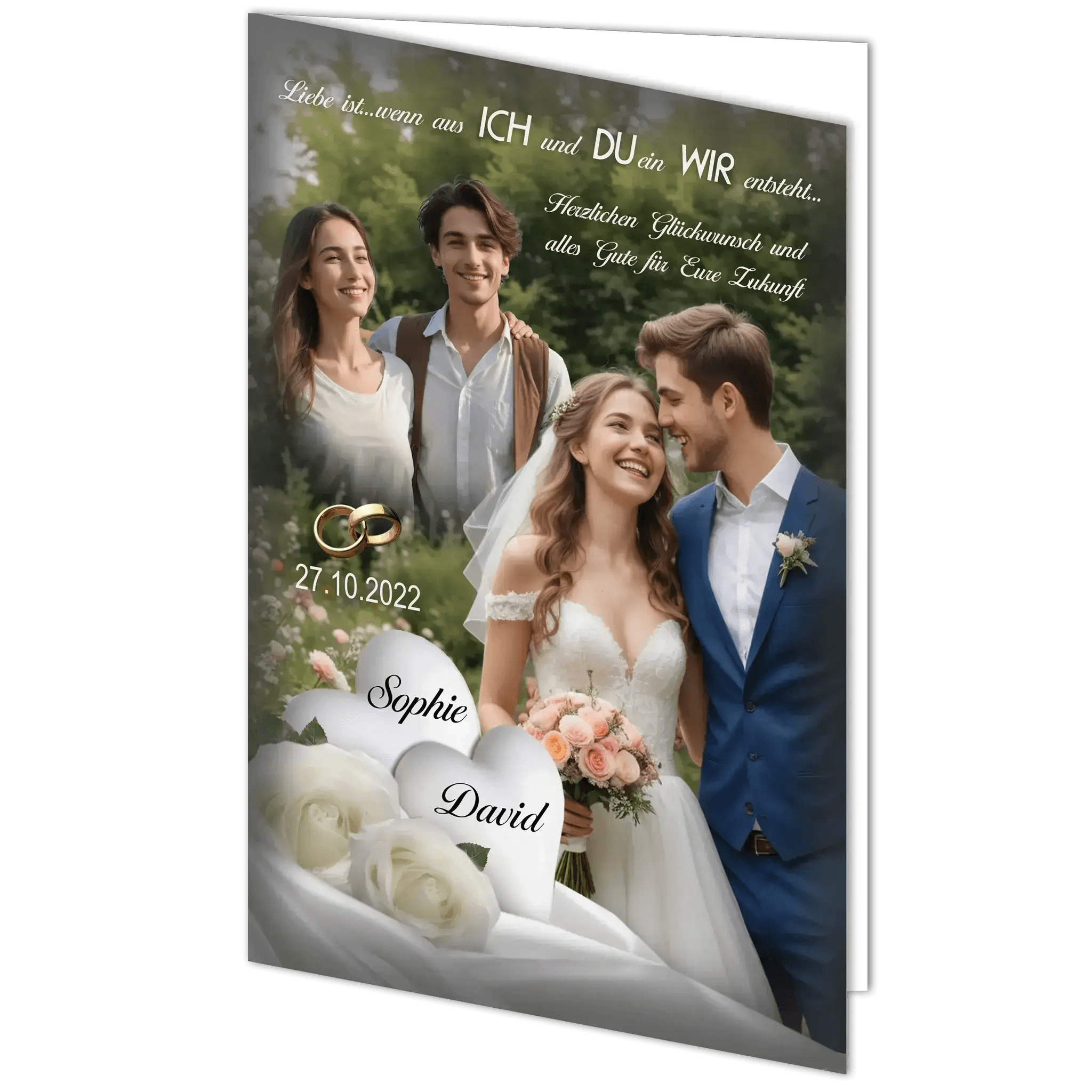 Hochzeitsfoto auf Grußkarte mit weißen Rosen, zwei Herzen, Namen, Datum, Zitat und Widmung.