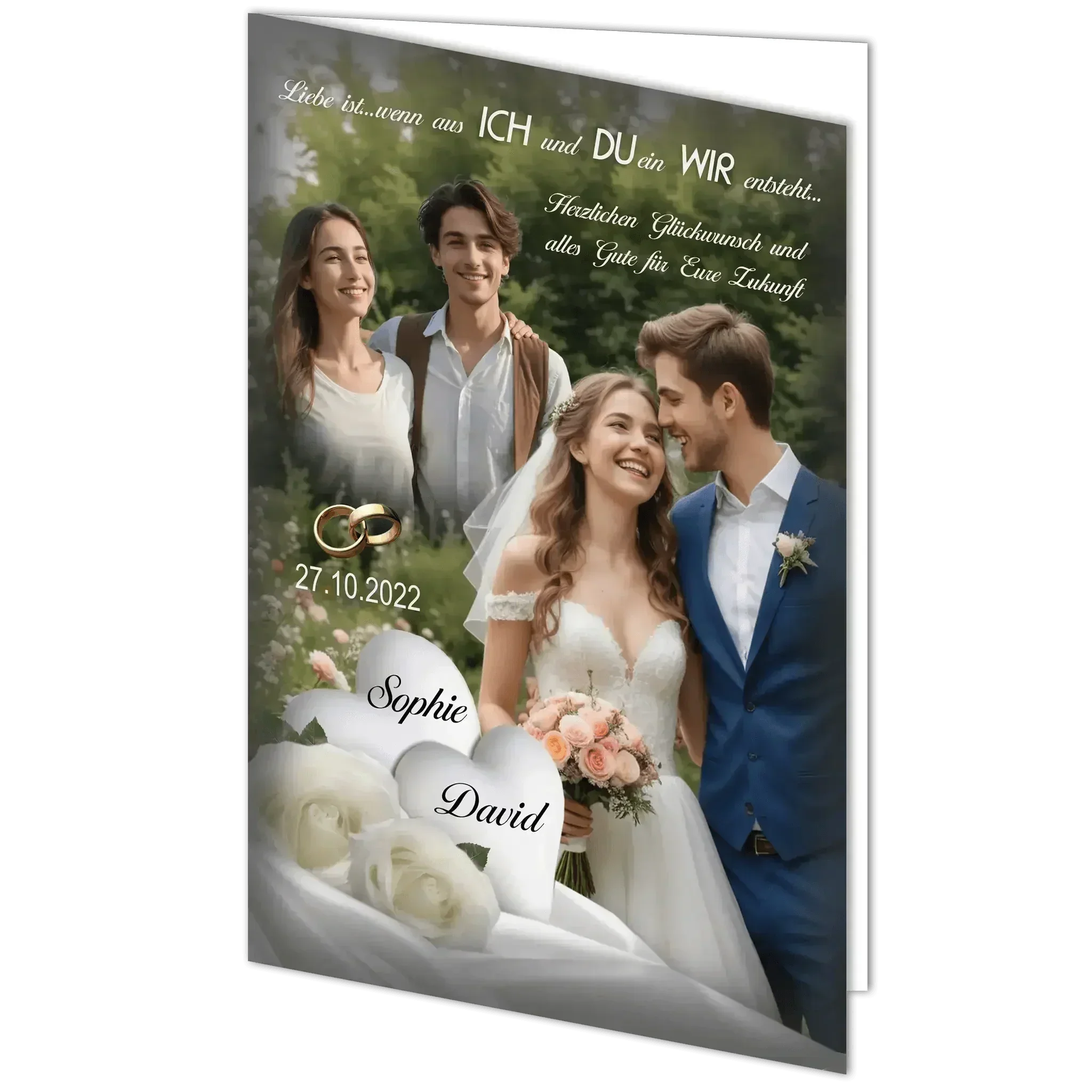 Hochzeitskarte mit Brautpaar, Blumenstrauß, Eheringen, weißen Rosen, Namen und Datum