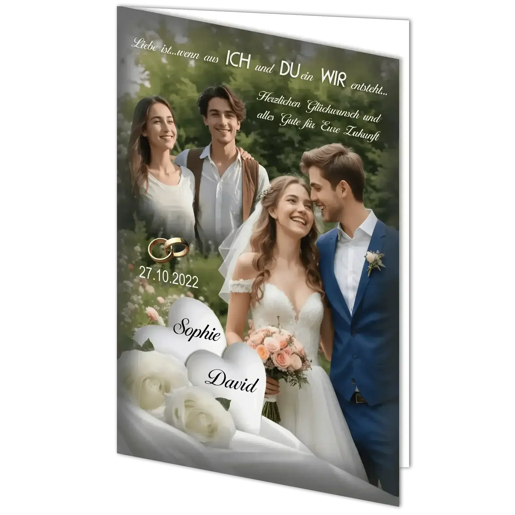 Geschenk-Hochzeitskarte mit Brautpaar, Blumenstrauß, Eheringen, weißen Rosen, Namen und Datum