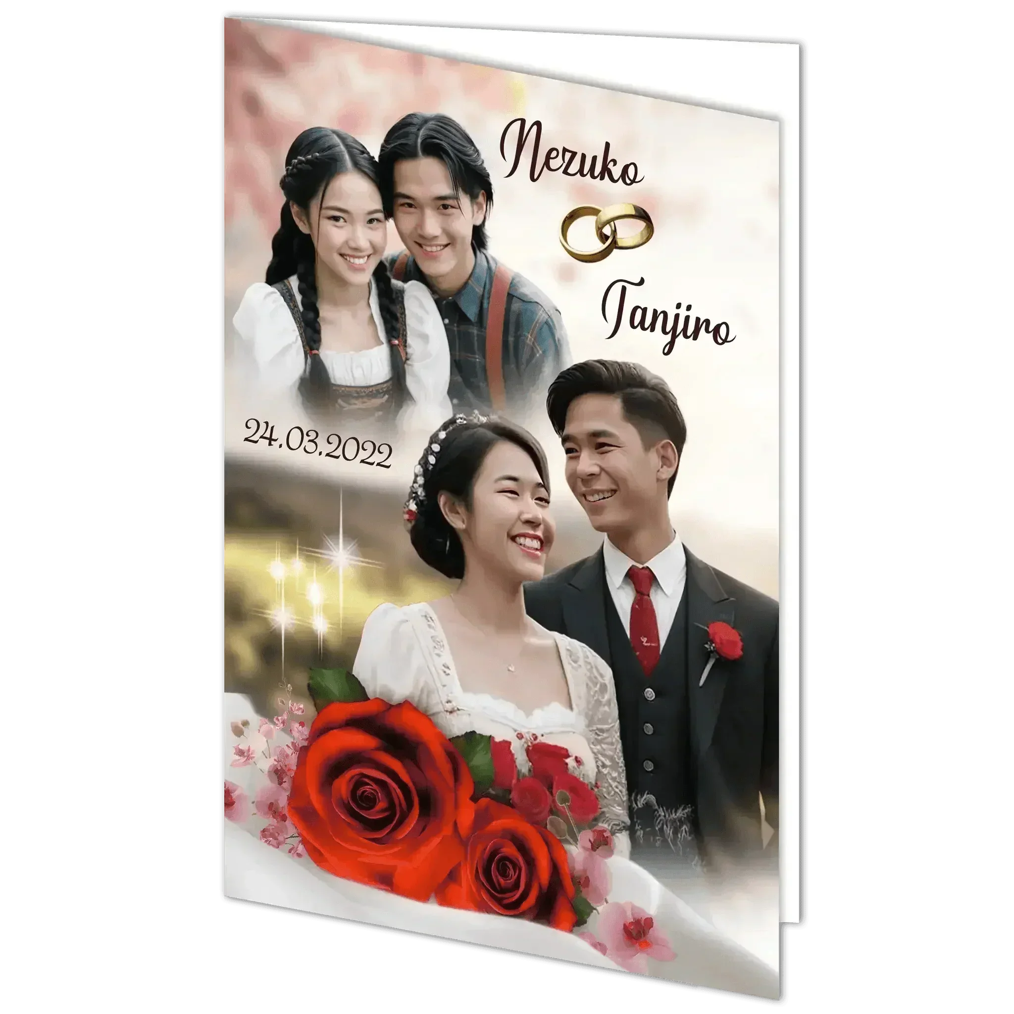 Personalisierte Hochzeitskarte mit Paar, roten Rosen, Datum und goldenen Ringen