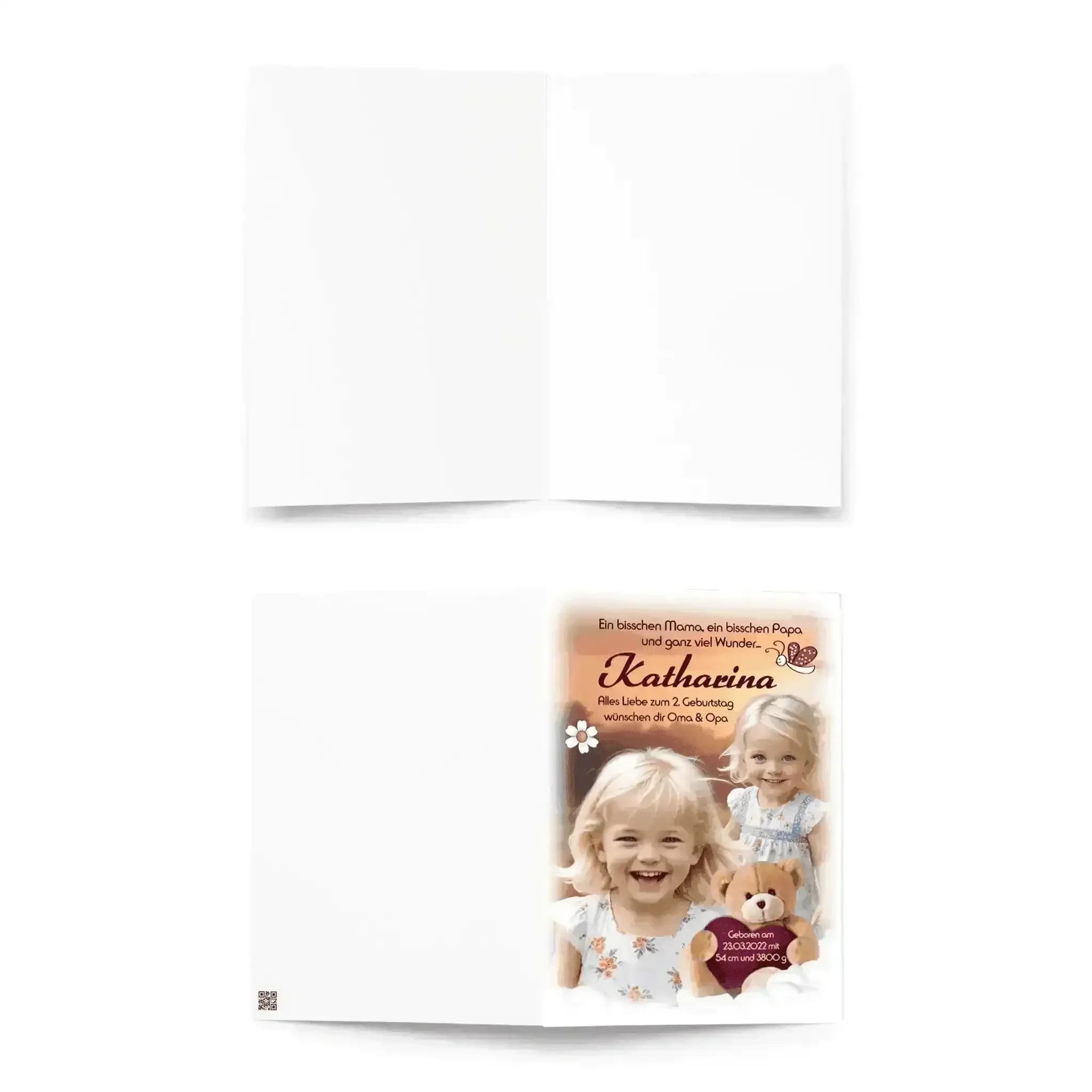 Geschenk-Personalisierte Grußkarte zum Kindergeburtstag mit zwei Mädchen, Teddybär und Text für Katharina