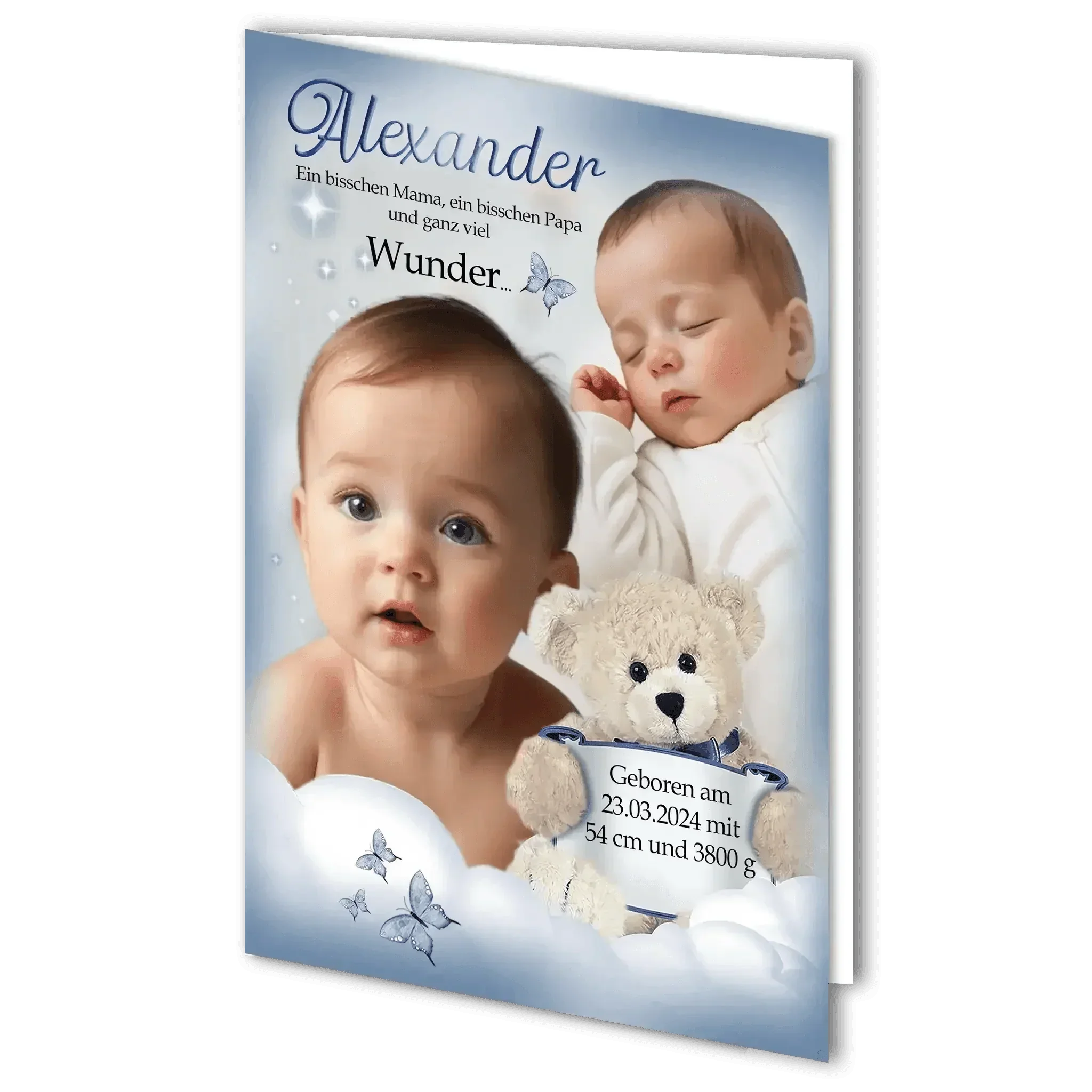 Geburtskarte Junge mit Babyfoto, Kuschelteddy, Schmetterlingen und Geburtsdaten, blau