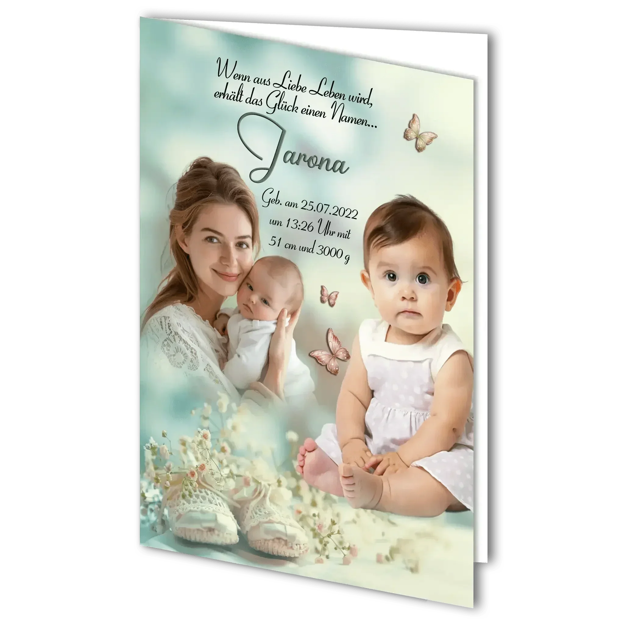 Geburtskarte Mädchen mit Mutter, Baby, Schmetterlingen und Babyschuhen, personalisiert