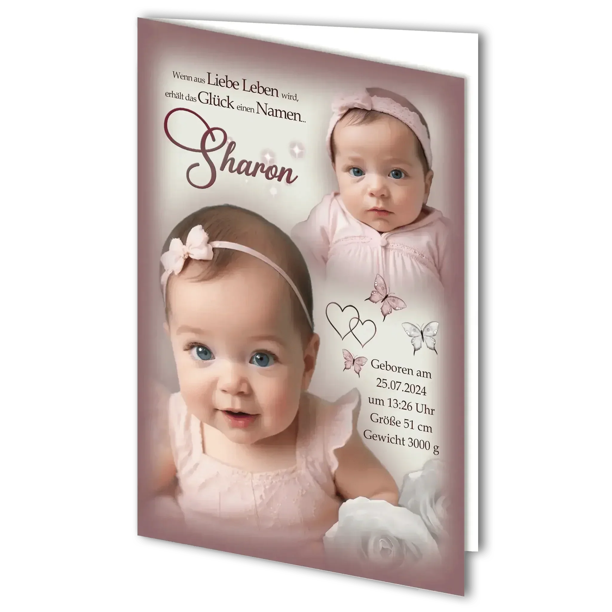 Geburtskarte Mädchen mit Babyfoto, rosa Kleid, Schmetterlinge und Geburtsdaten, personalisierbar