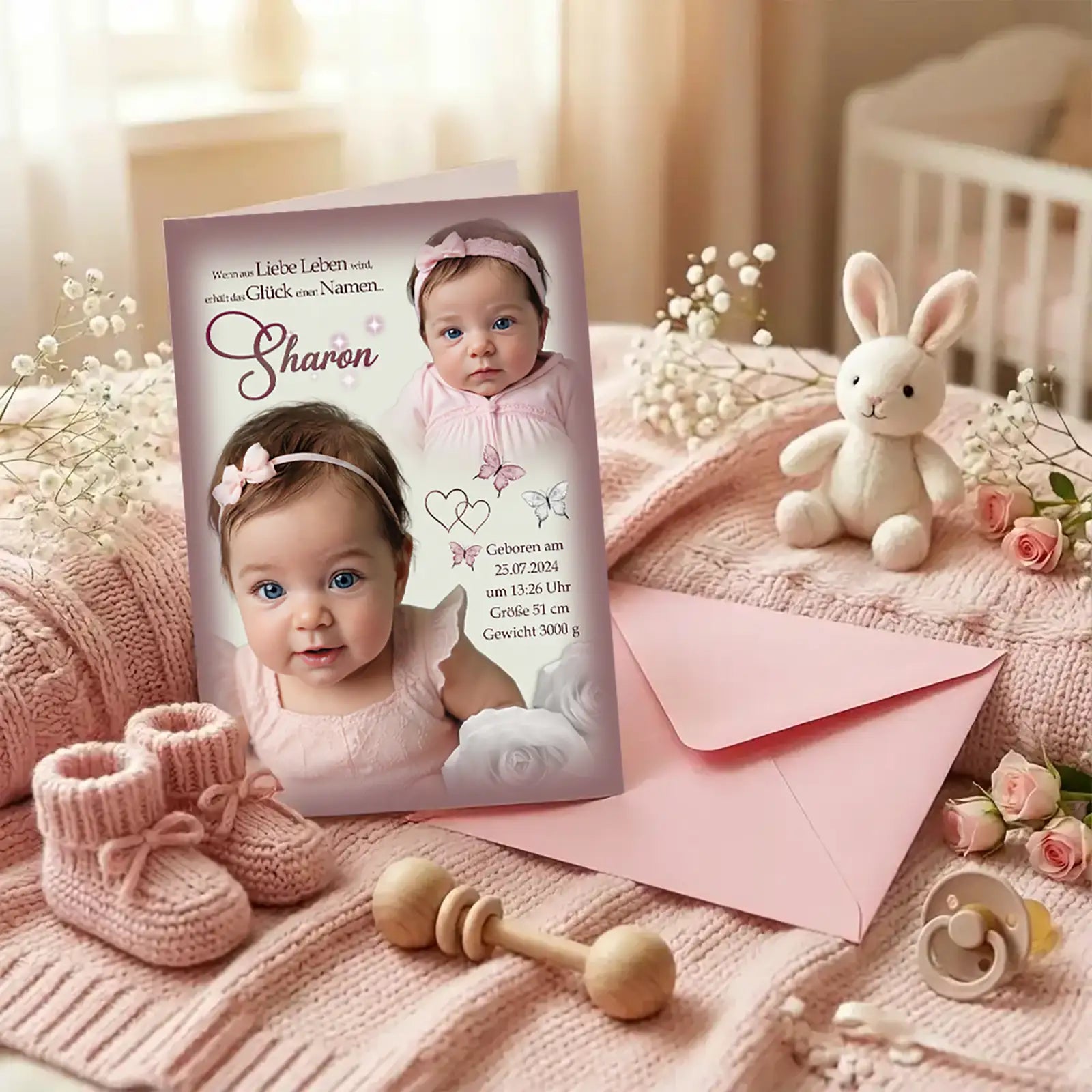 Personalisierte Baby-Geburtskarte für Mädchen – rosa Design mit Foto, Name Sharon und Geburtsdaten, präsentiert auf rosa Strickdecke mit Babyaccessoires und Kuschelhase