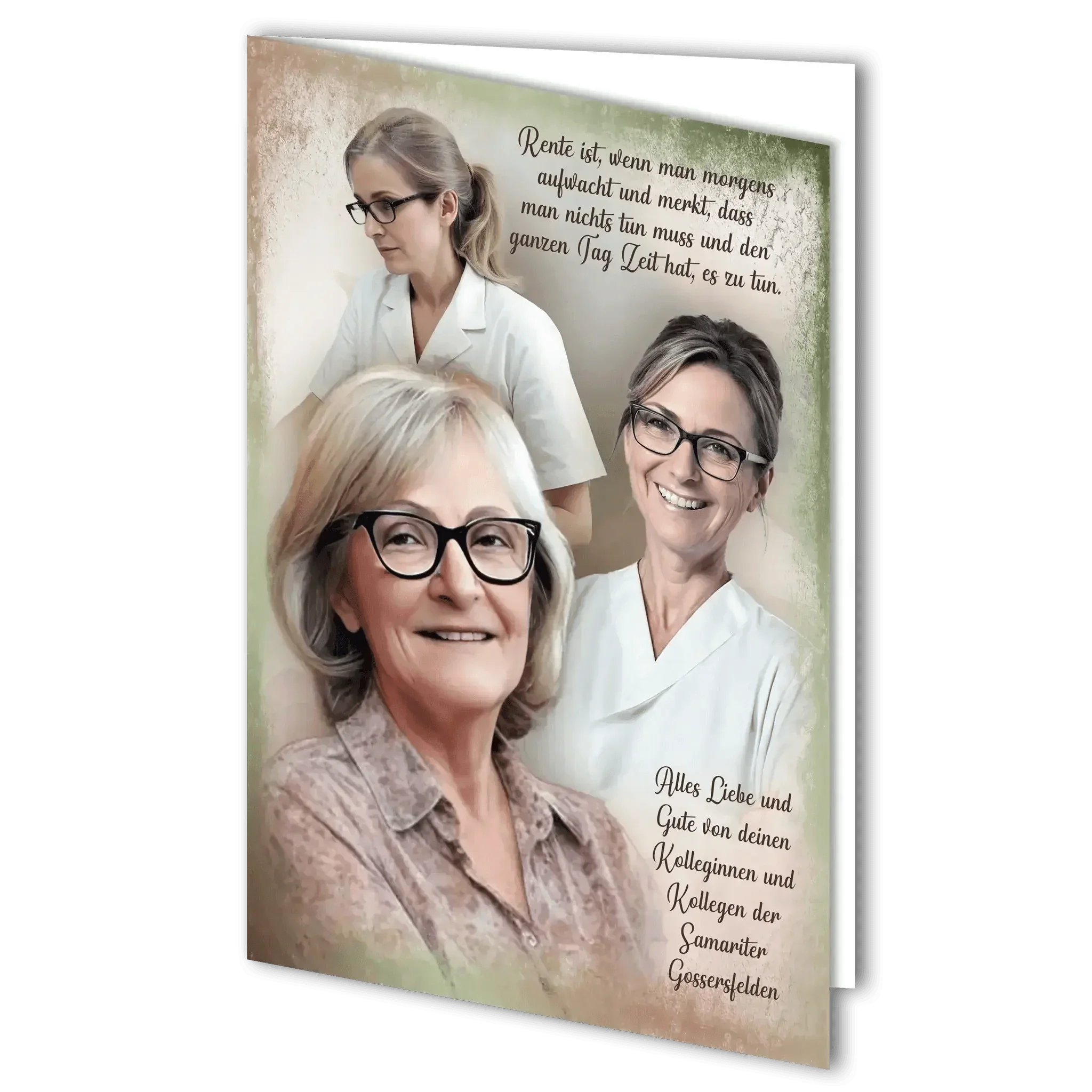 Grußkarte zur Pensionierung mit Porträts älterer und jüngerer Pflegerinnen, Textbotschaft