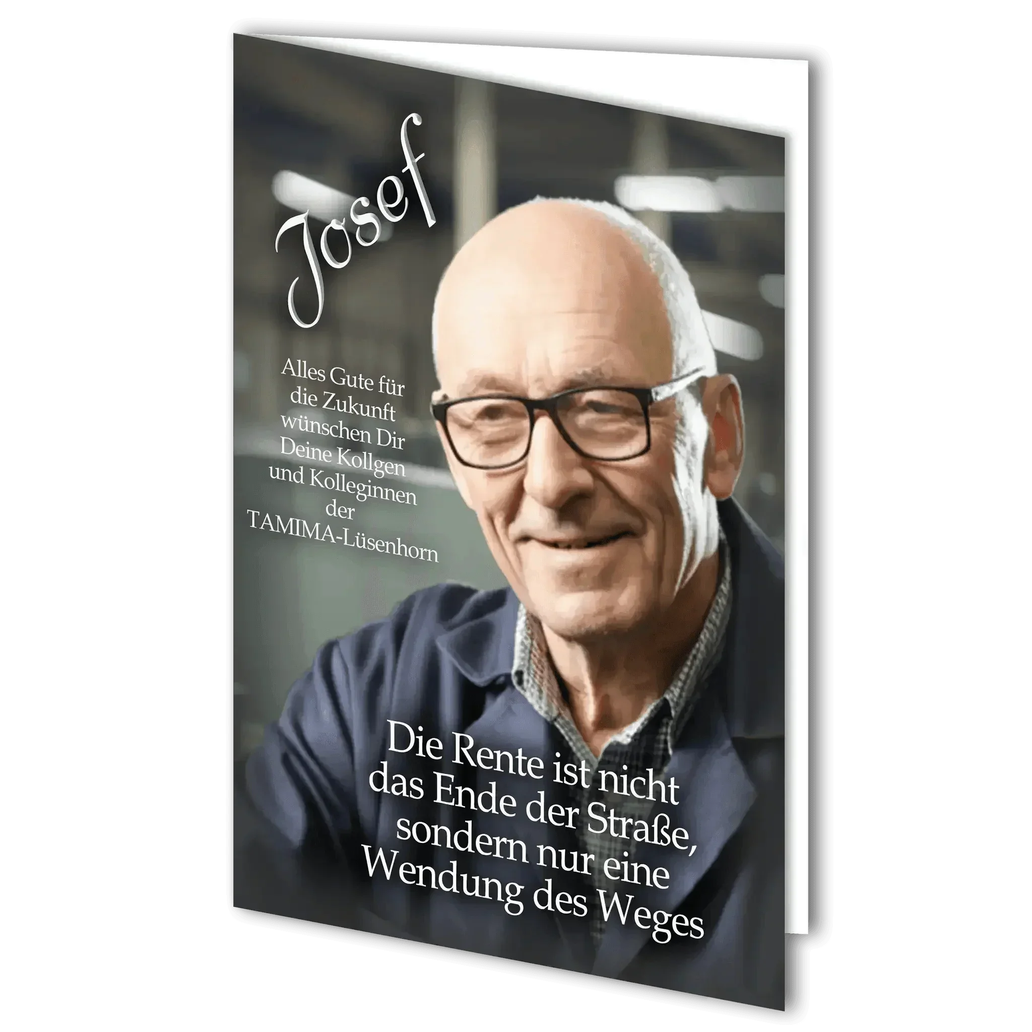 Grußkarte Pensionierung mit freundlichem älteren Mann, Text zur Rente auf Vorderseite