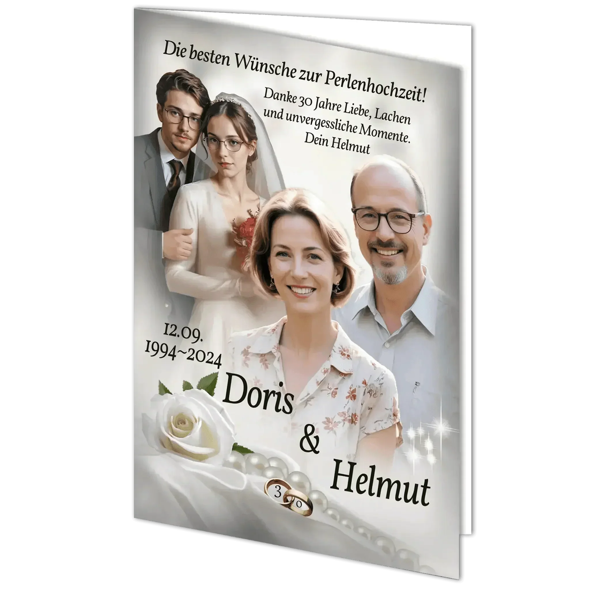 Grusskarte Perlenhochzeit mit Brautpaar, aktuellem Paar, weißen Rosen und Perlenkette.