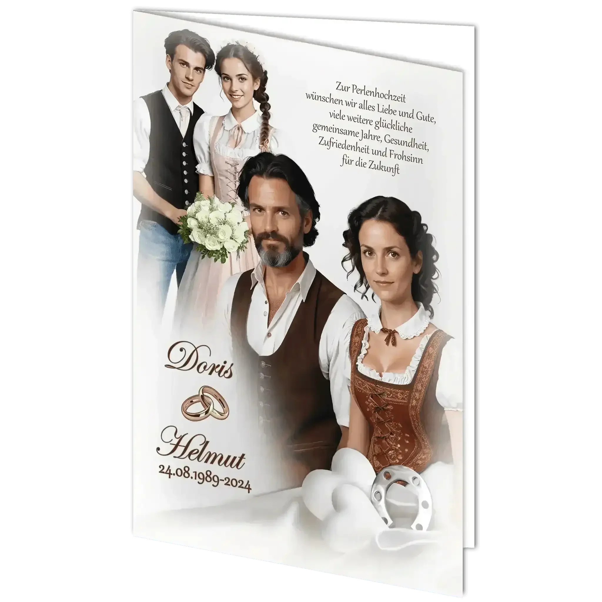 Geschenk-Grusskarte Perlenhochzeit mit Brautpaar, Trachten, weißen Blumen, Eheringen und Datum.