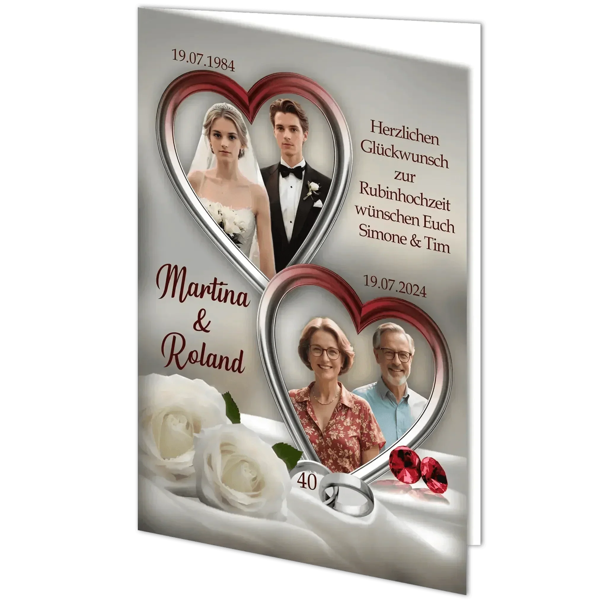 Rubinhochzeit Grußkarte mit Fotos des Paares in Herzrahmen, weißen Rosen, roten Rubinen