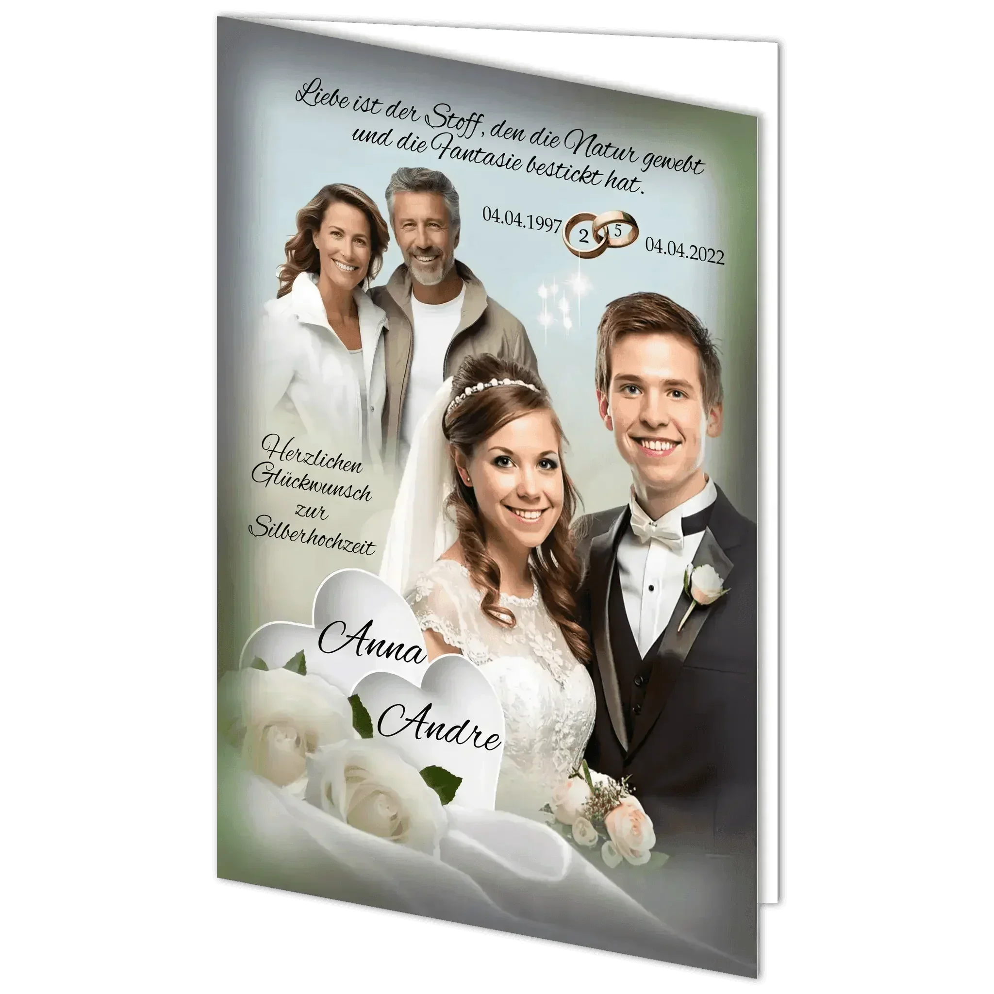 Grußkarte Silberhochzeit mit Brautpaar, weißen Rosen und Jubiläumspaar, personalisiert mit Namen Anna und Andre.