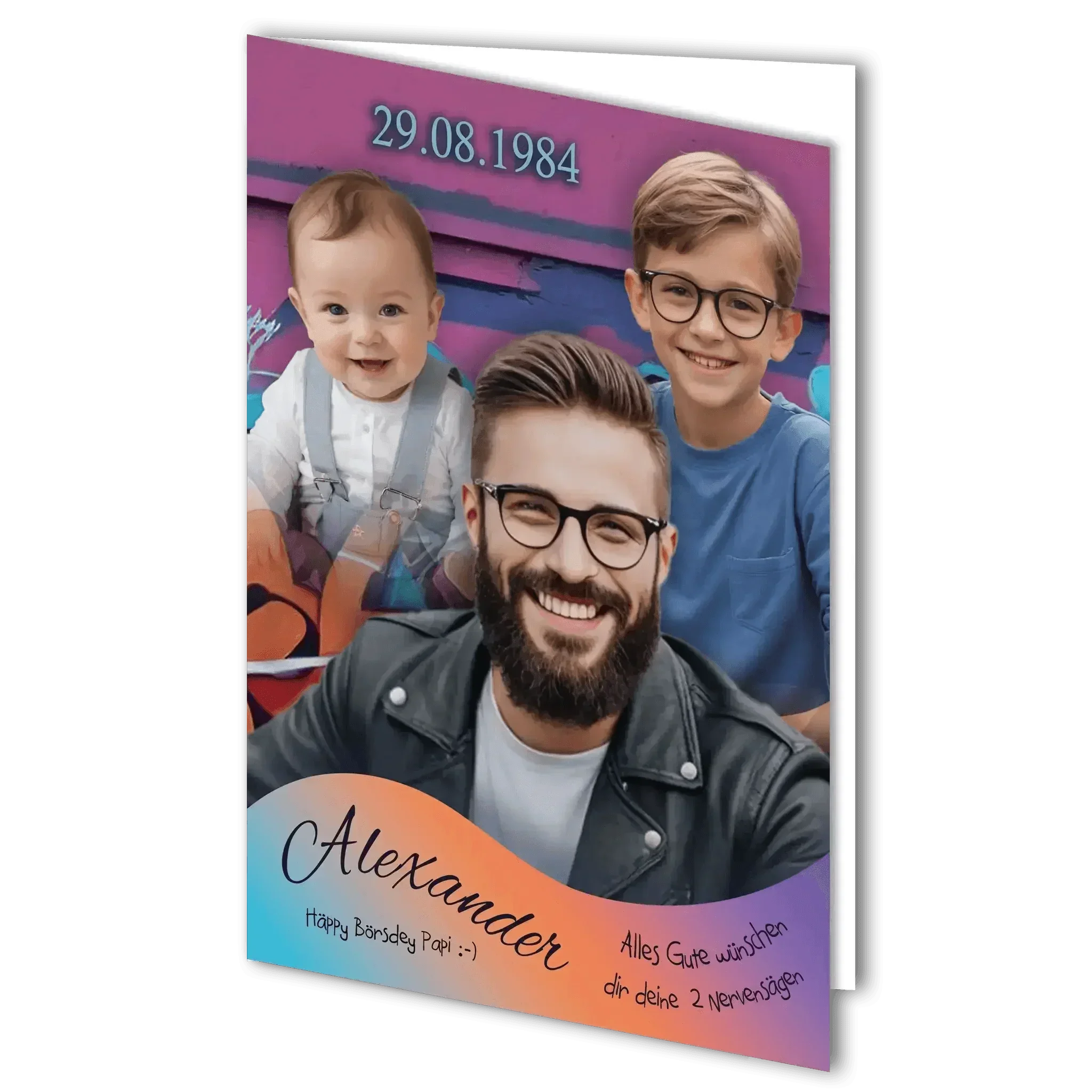 Personalisierte Vatertags-Grußkarte mit Foto von Vater und zwei Kindern, Datum 29.08.1984