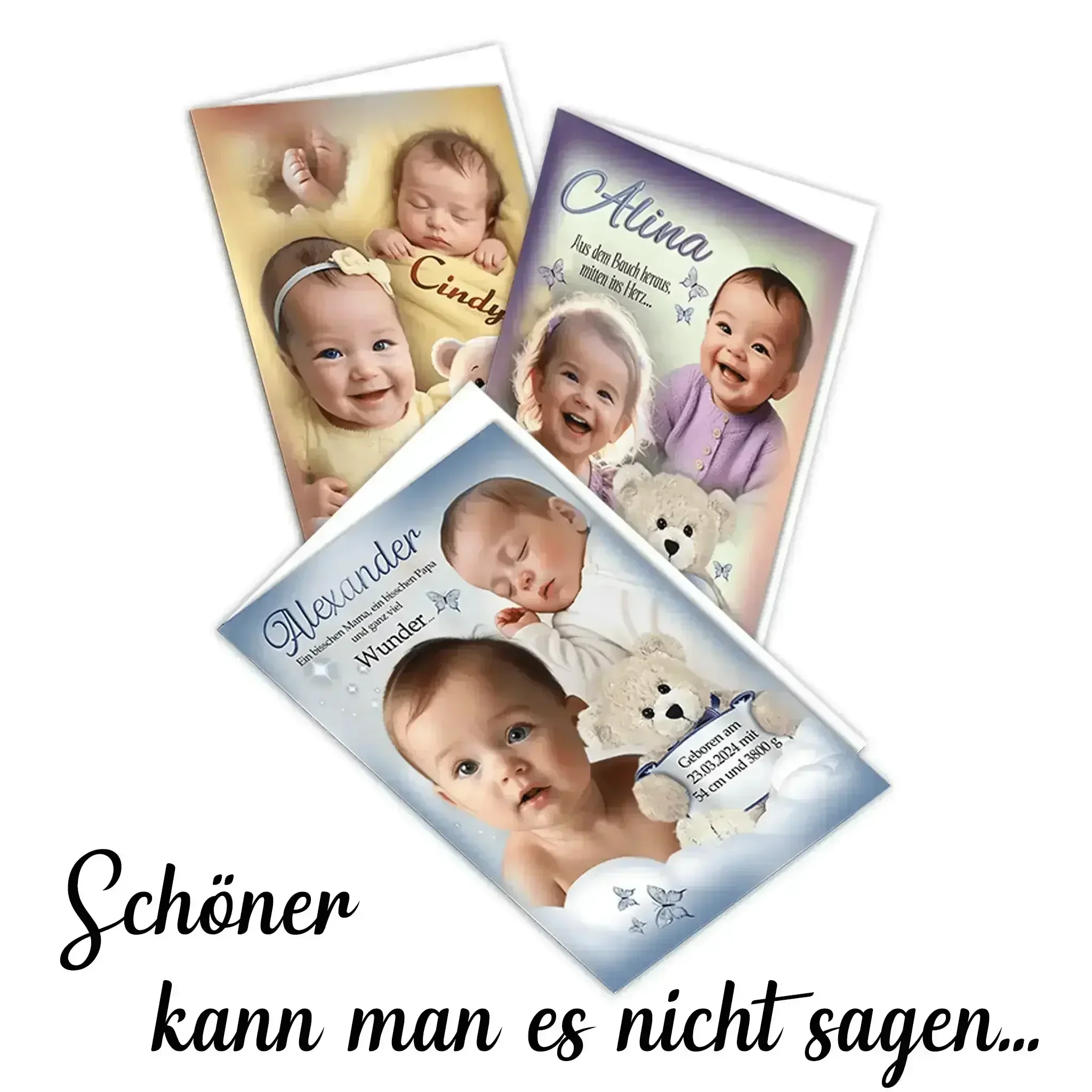 Drei personalisierte Geburtskarten mit Babys, Namen und Teddybär, Text: Schöner kann man es nicht sagen.