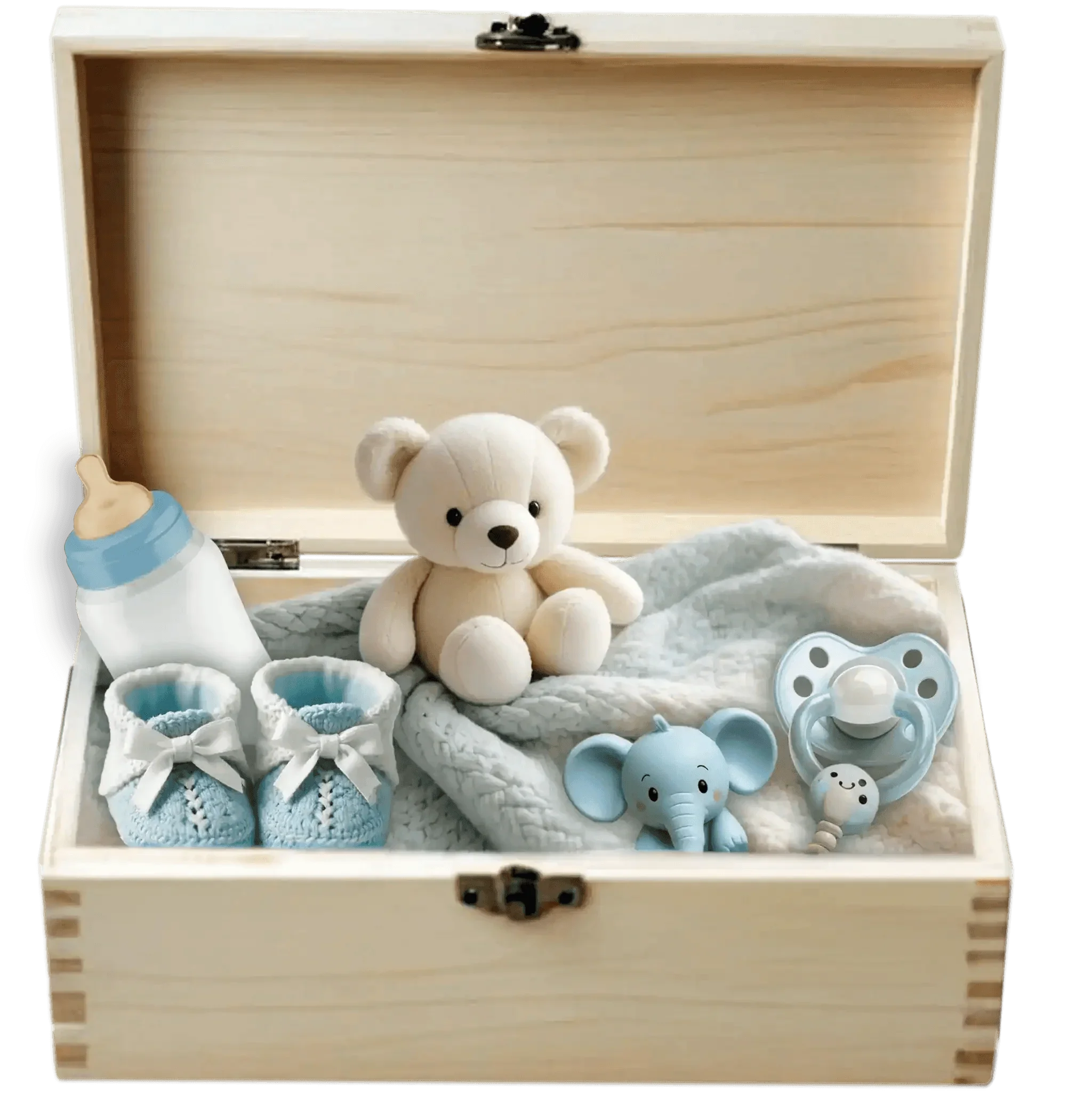 Holzbox mit Babygeschenken in Blau, Kuscheltier, Babyflasche, Schnuller und Babyschuhen