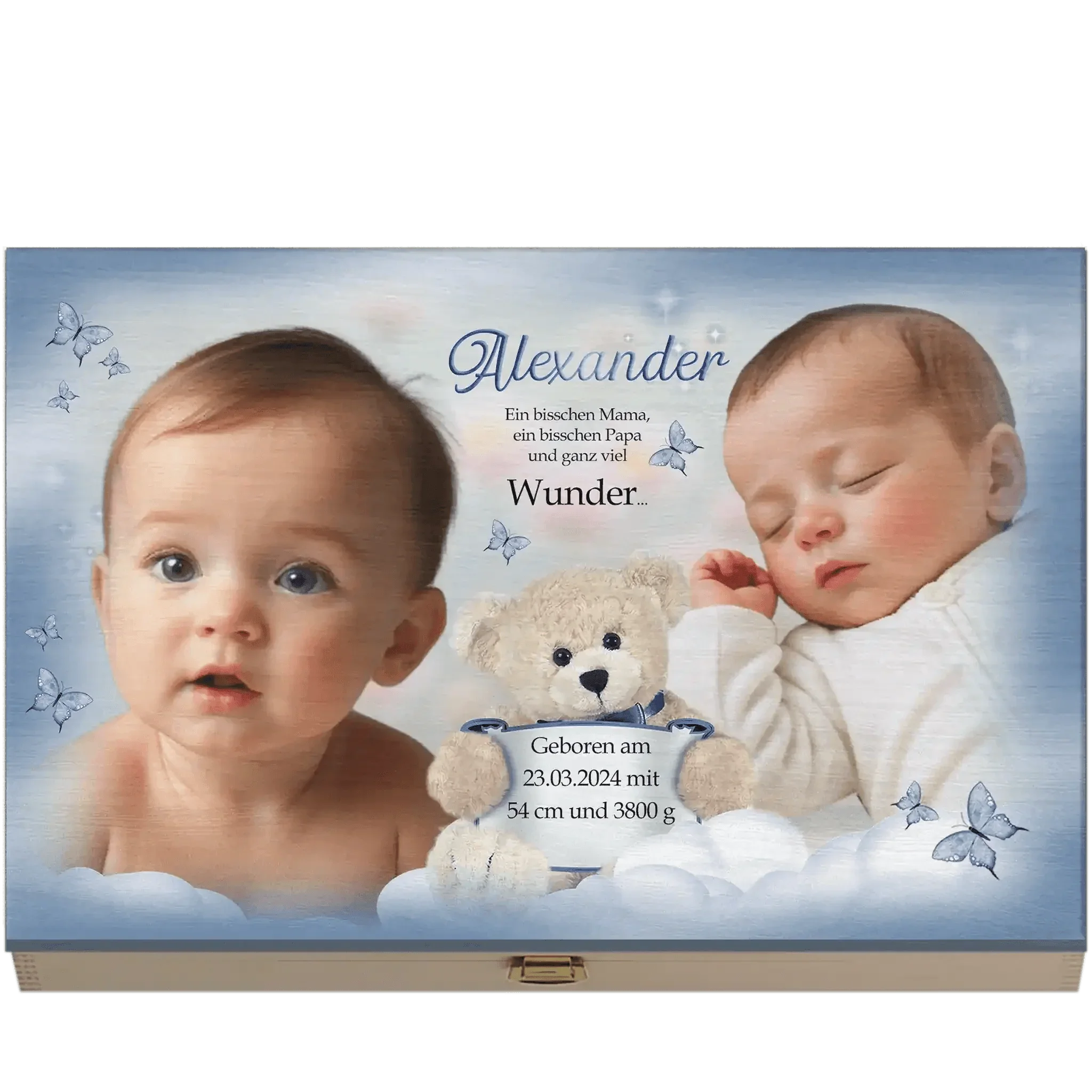 Holzbox zur Geburt oder Taufe mit Babyfoto, Teddybär, Name Alexander, Schmetterlingen, Geburtsdaten