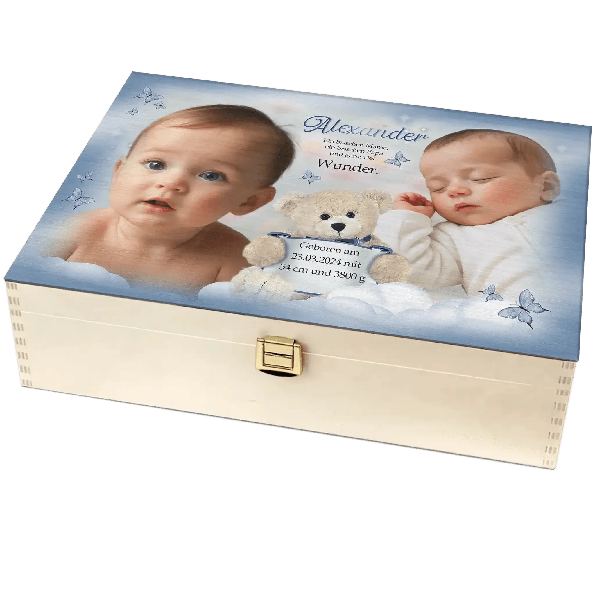 Personalisierte Holzbox zur Geburt oder Taufe mit Babyfotos, Teddybär und Schmetterlingen.