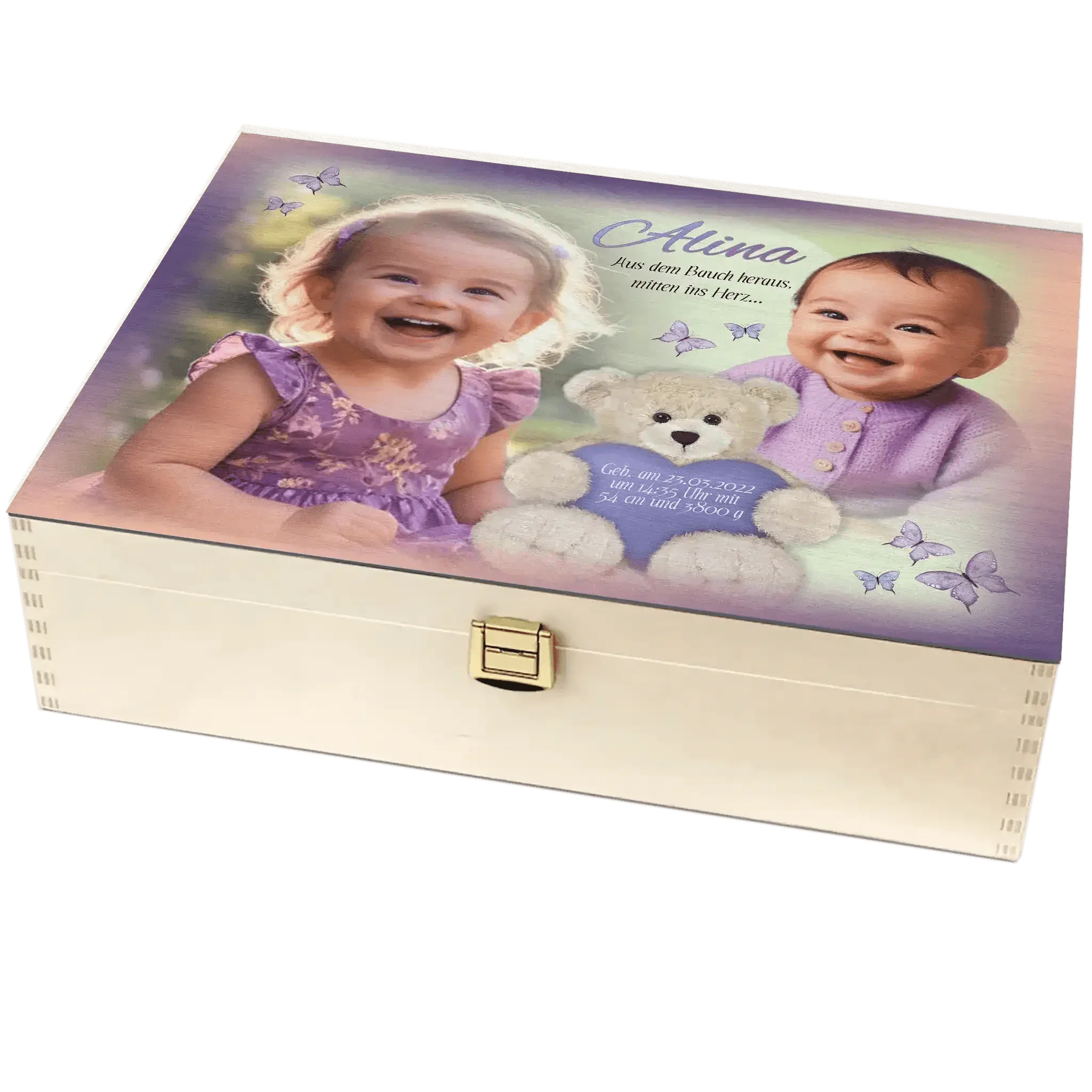 Personalisierte Holzbox mit Foto von zwei Kindern, Teddybär und Text zur Geburt oder Taufe.
