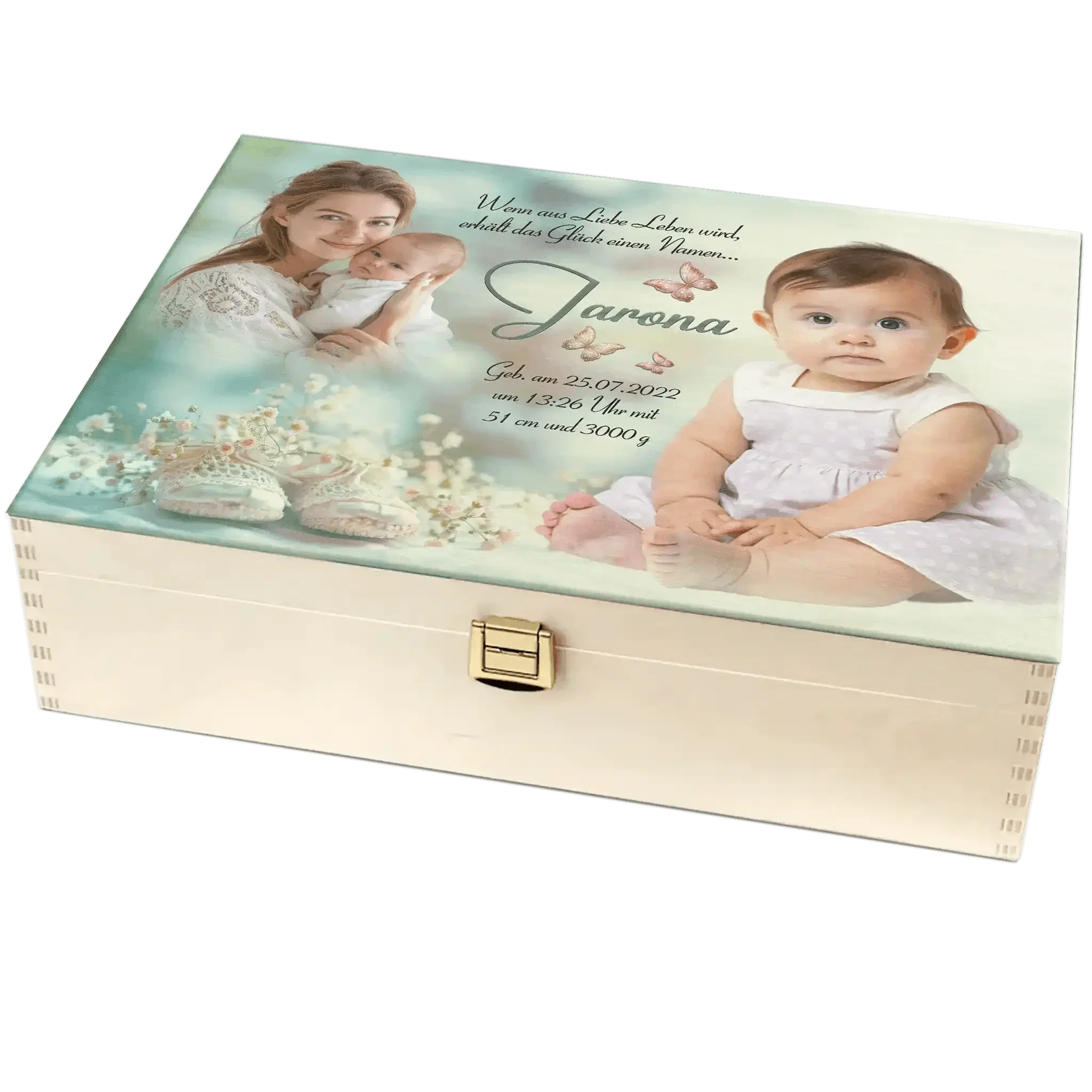 Personalisierte Holzbox Geburt Taufe mit Babyfoto, Mutter, Name Jarona, Daten und Babyschuhen