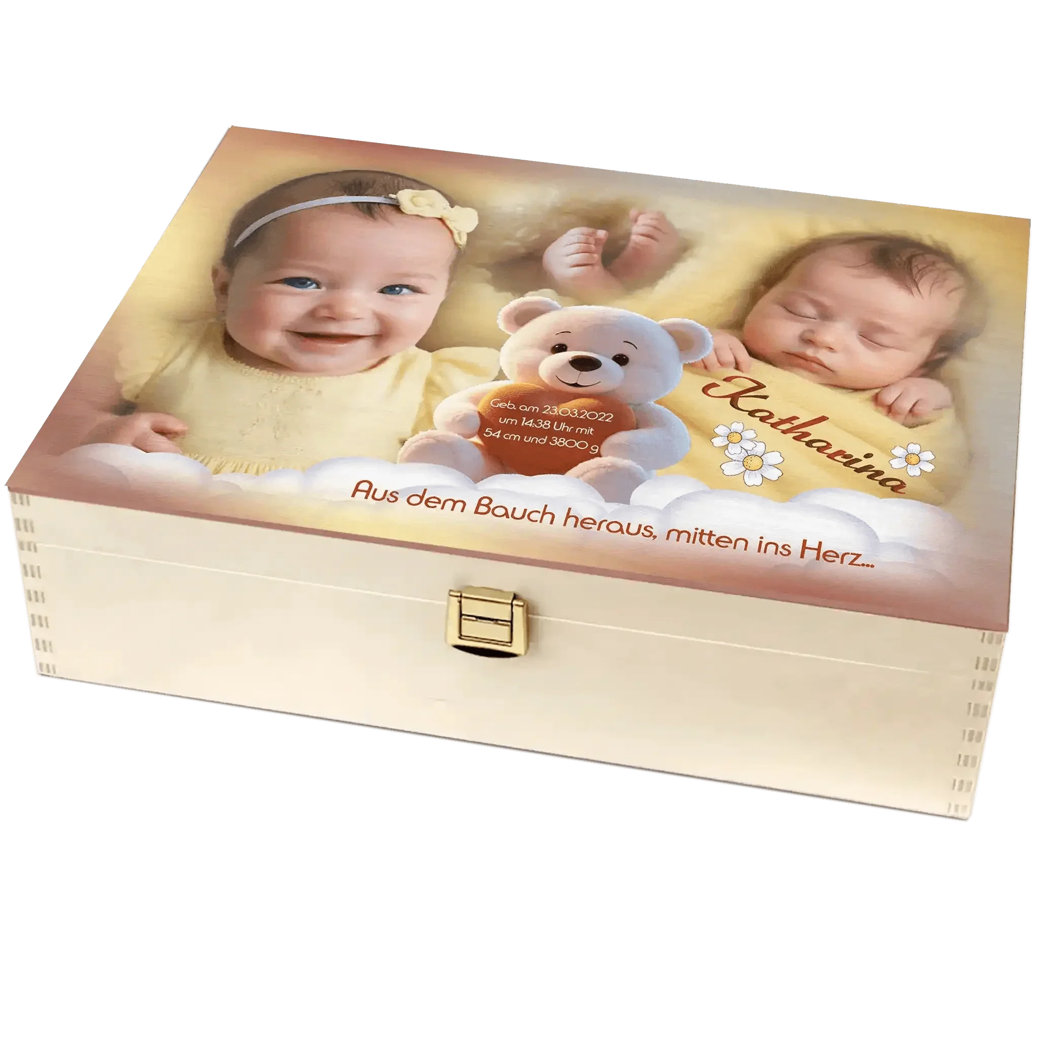 Personalisierte Holzbox zur Geburt oder Taufe mit Babyfoto, Name Katharina, Teddybär und Blümchen