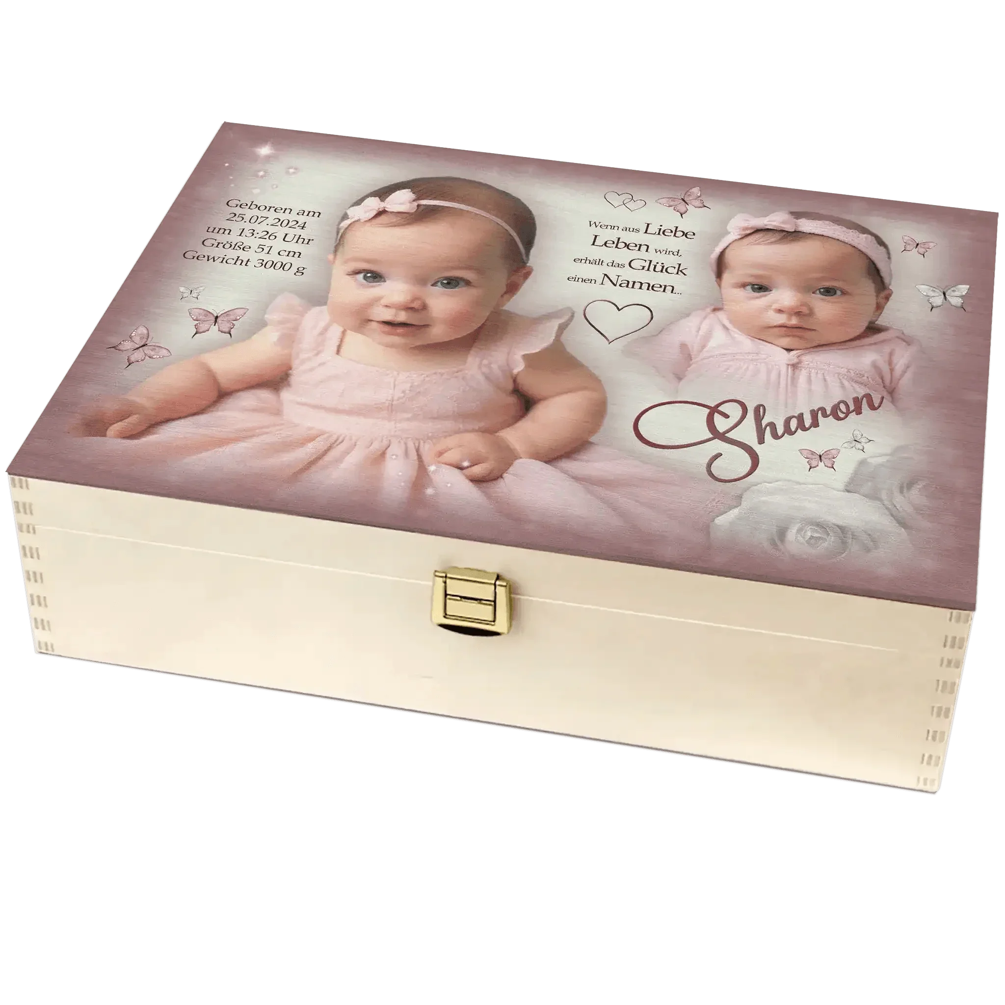 Personalisierte Holzbox zur Geburt oder Taufe mit Foto Baby, Name Sharon und Geburtsdaten.