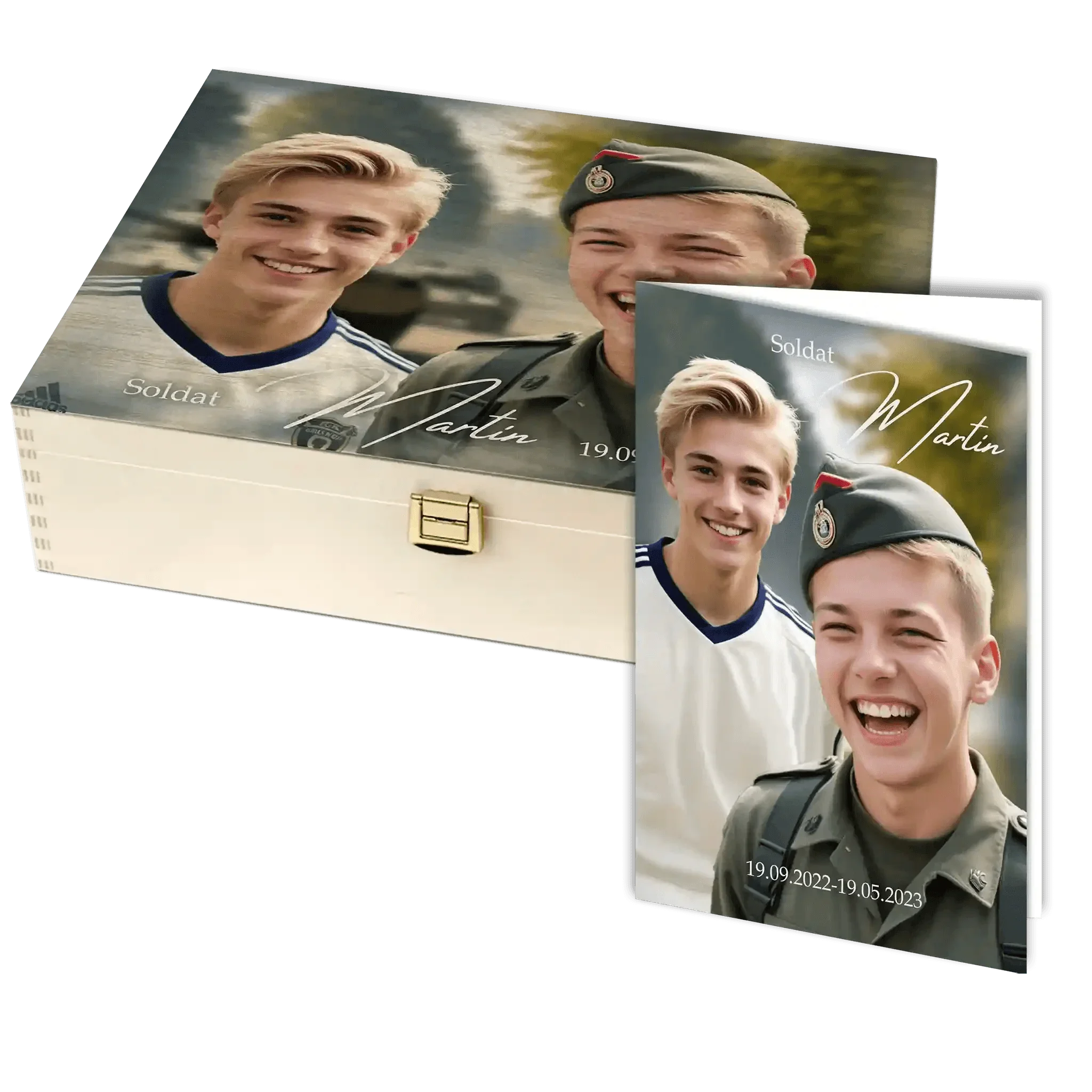 Personalisierte Holzbox mit Foto und Karte zur Einberufung, lächelnder Soldat