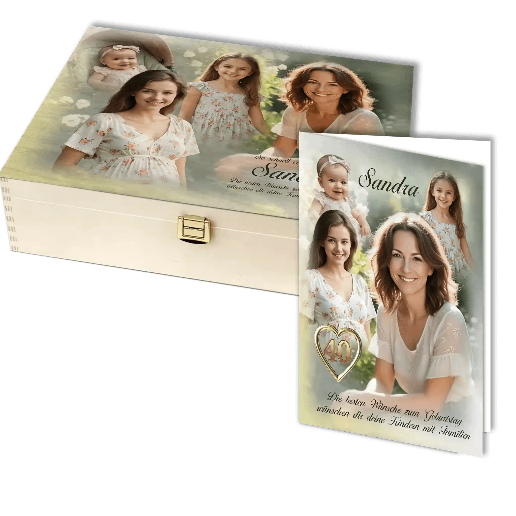 Personalisierte Holzbox und Geburtstagskarte mit Familienfoto und Blumenmuster, Geschenkidee
