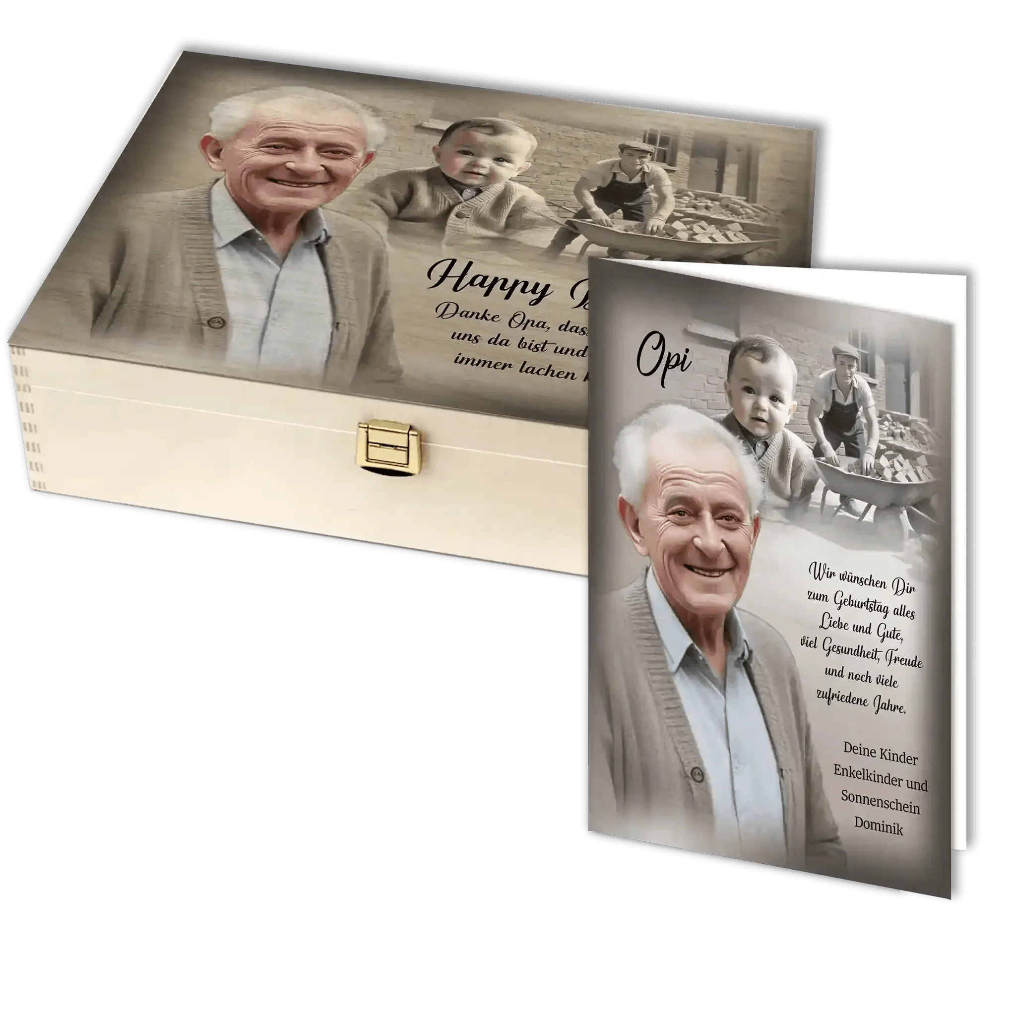 Personalisierte Holzbox und Geburtstagskarte mit Foto von Opa, Kind und Schriftzug