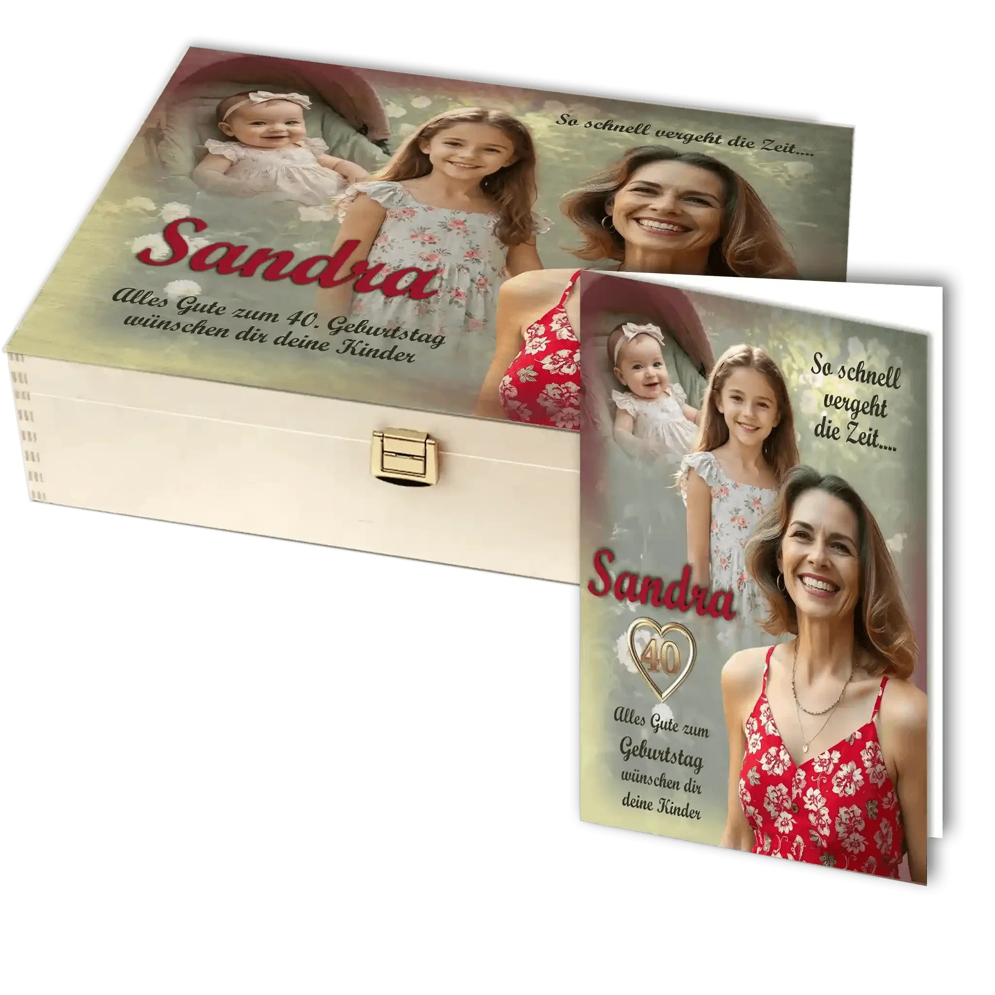 Personalisierte Holzbox und Geburtstagskarte mit Fotos von Mutter und Kindern, Blumenmuster, Geschenk zum 40. Geburtstag