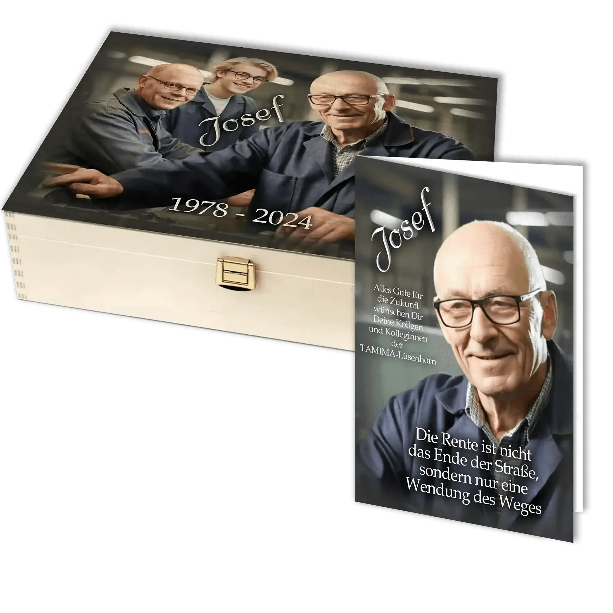 Personalisierte Holzbox und Karte zum Jubiläum, Motiv ältere Männer, Text Josef 1978-2024