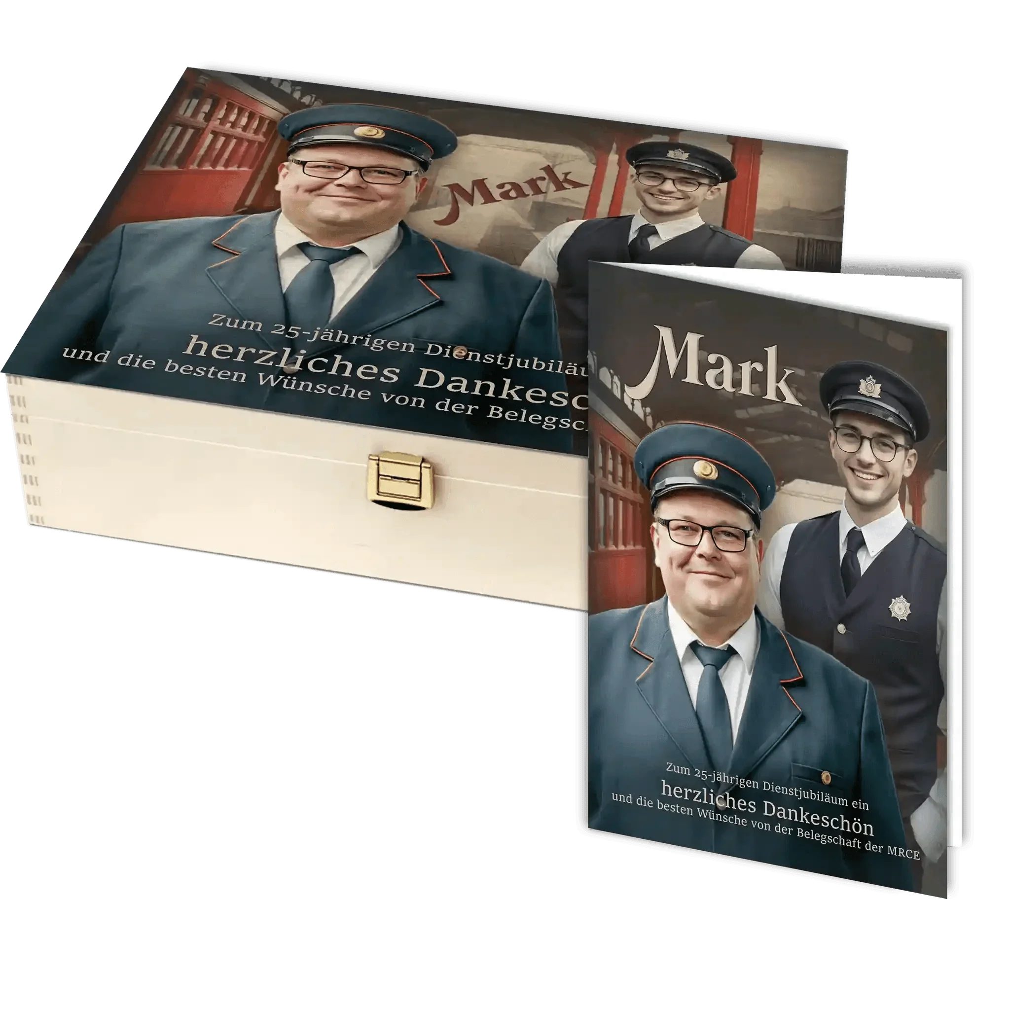 Holzbox mit personalisierter Dankeskarte zum Dienstjubiläum, Motiv Eisenbahner, Geschenkidee