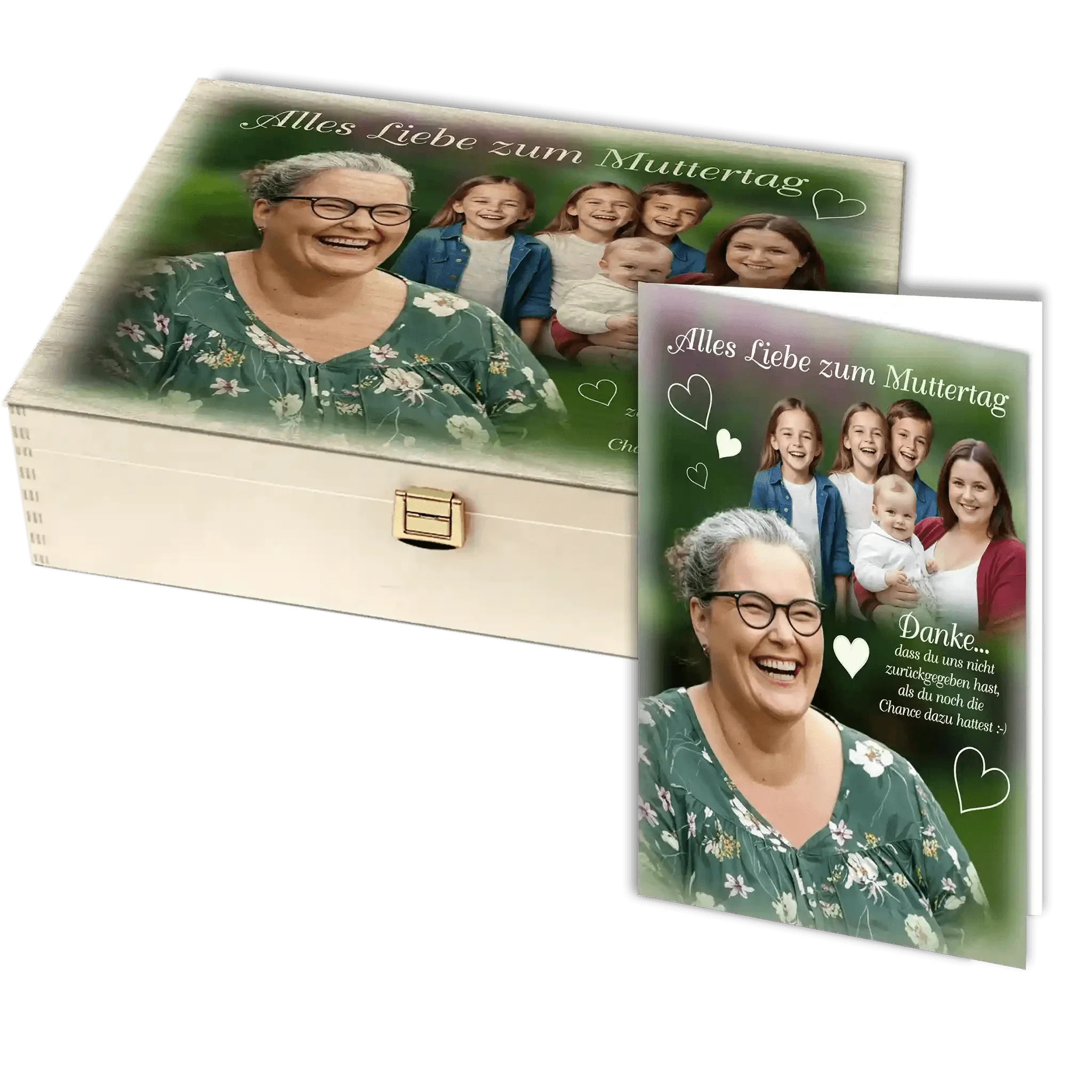 Holzbox mit Muttertag Karte, Familienfoto, lächelnde ältere Frau, Geschenkidee Muttertag