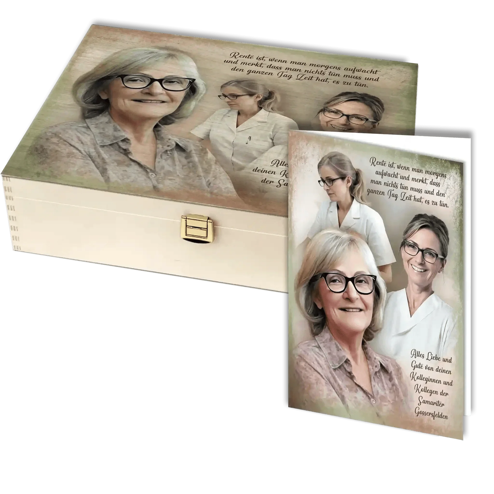 Holzbox mit Karte zur Pensionierung, mit Porträts einer älteren Frau und Pflegekräften bedruckt.