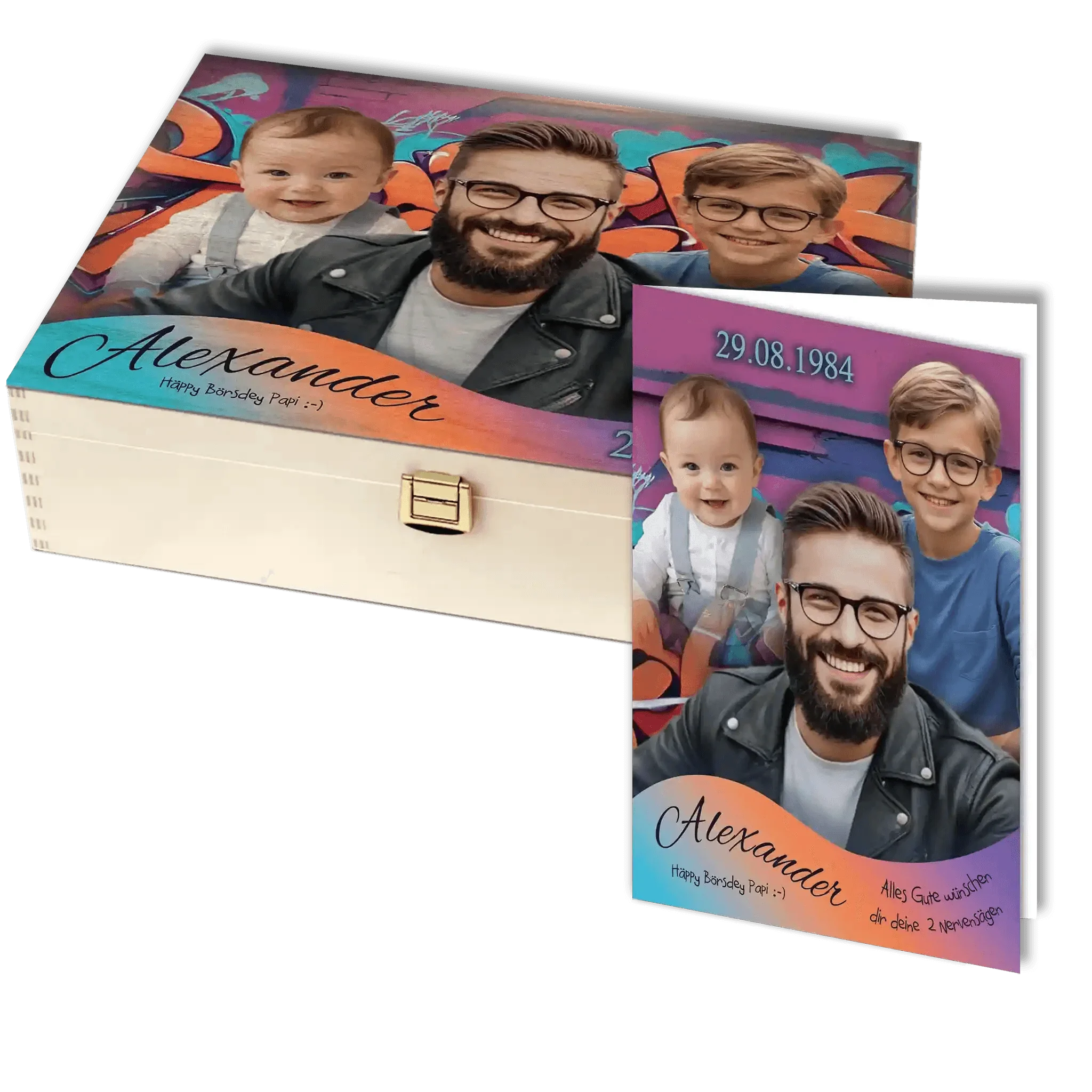 Personalisierte Holzbox und Grußkarte mit Familienfoto, Vatertagsgeschenk, bunte Farben