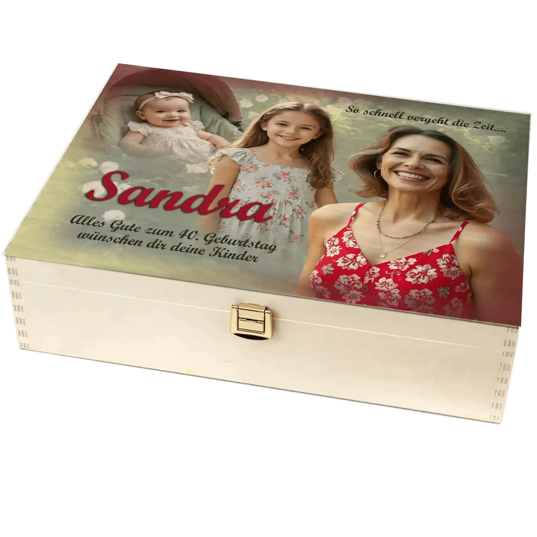 Personalisierte Holzbox mit Fotodruck zum 40. Geburtstag, Gravur und Familienfoto