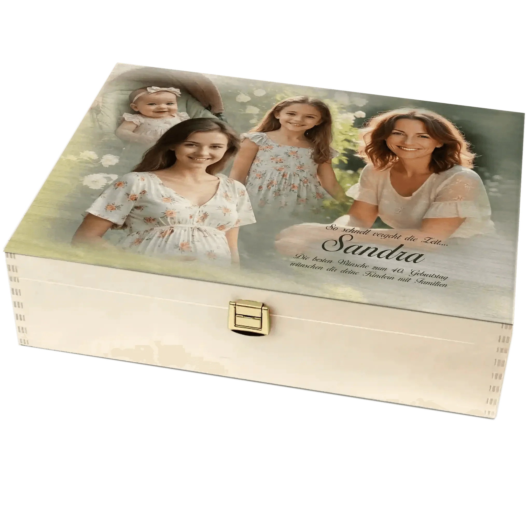 Personalisierte Holzbox neutral, bedruckt mit Fotos mehrerer Frauen und Kinder, Geburtstagsmotiv, goldener Verschluss.