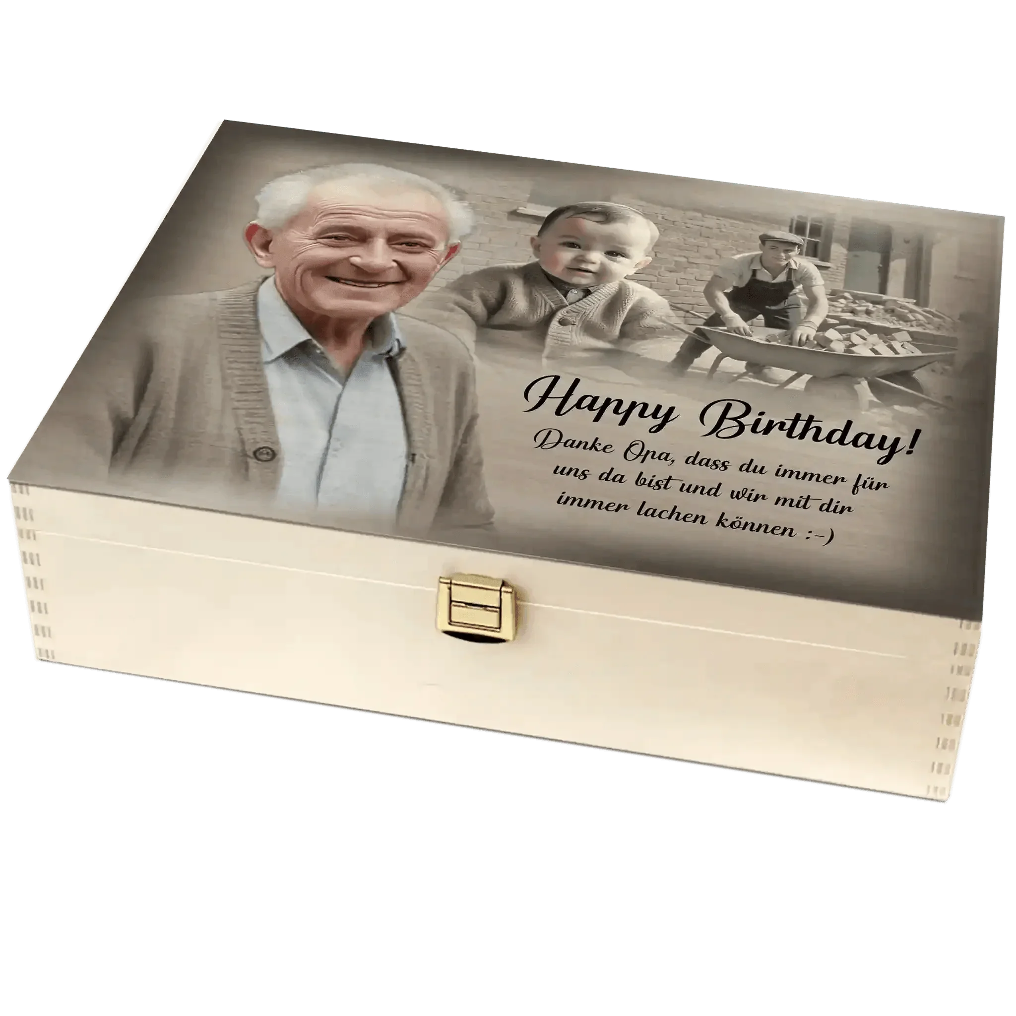 Personalisierte Holzbox mit Fotos und Geburtstagsgruß für Opa, neutraler Hintergrund