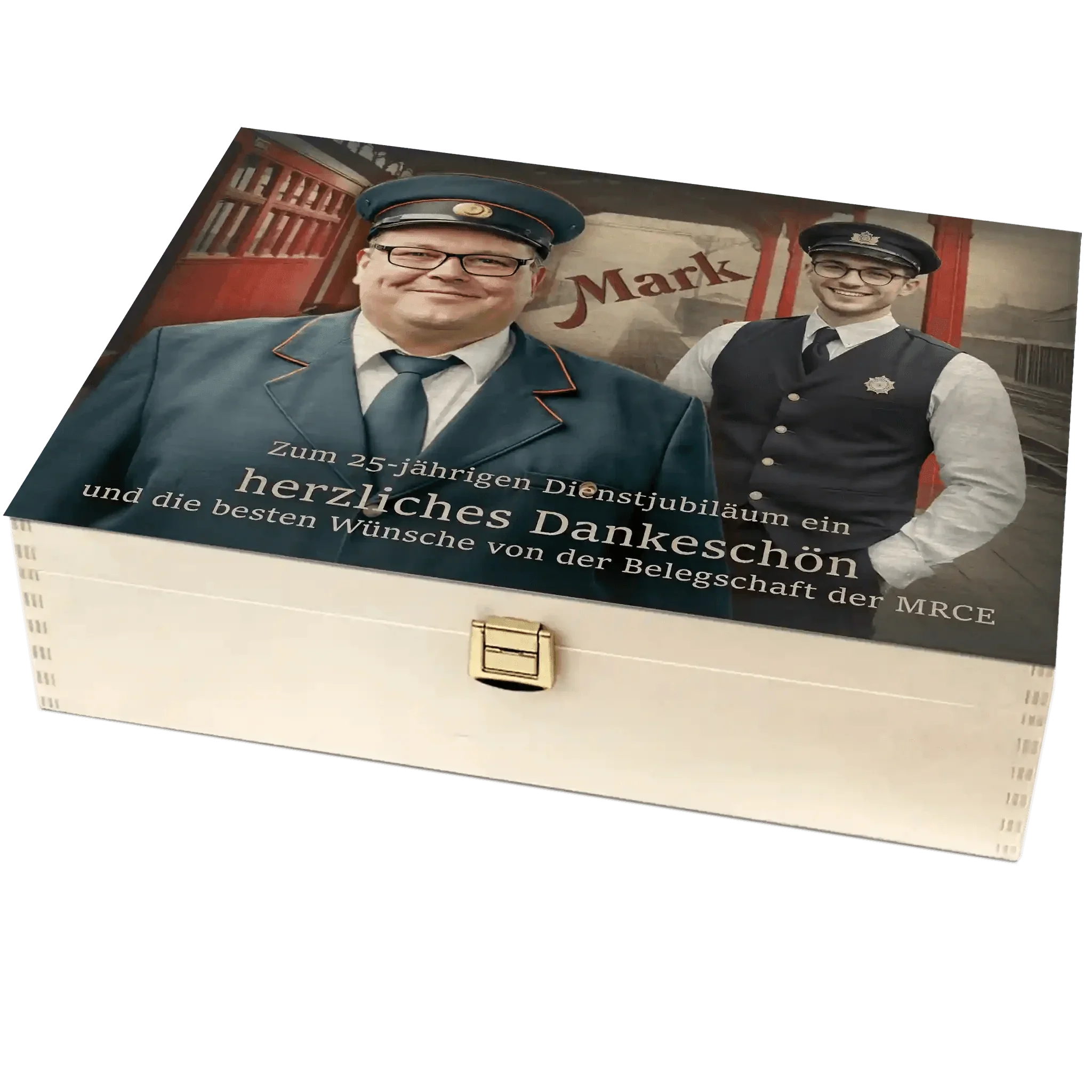 Holzbox mit Eisenbahner-Motiv, Jubiläum, Dankeschön, Geschenk MRCE, 25 Jahre Dienstjubiläum
