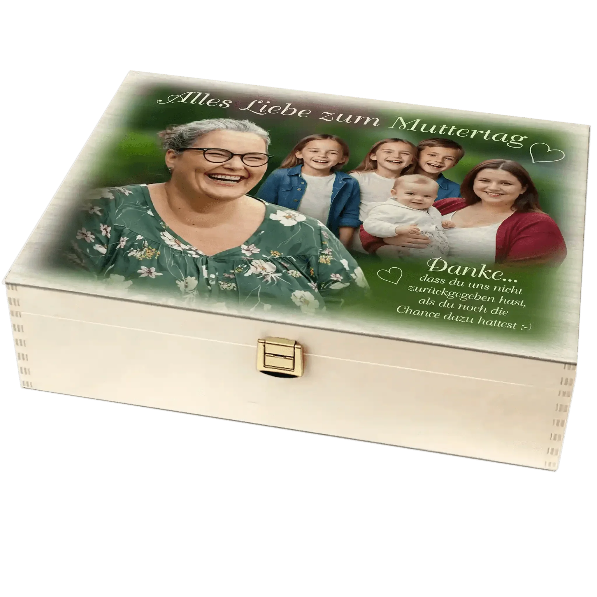 Personalisierte Holzbox zum Muttertag mit Foto einer lachenden Familie und Grußbotschaft