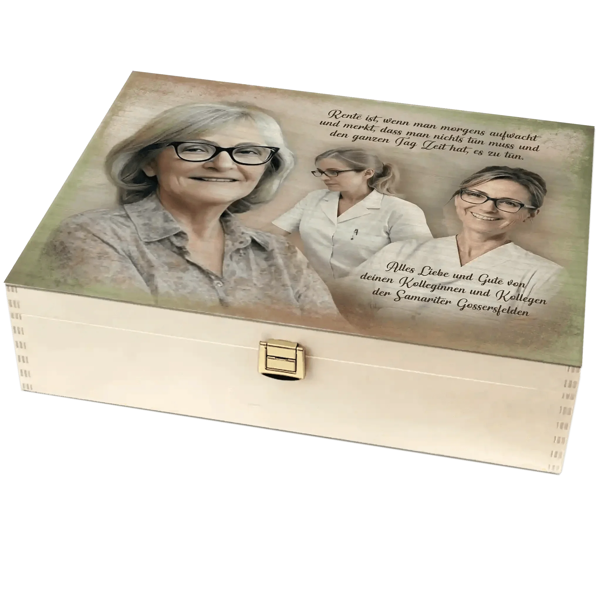 Personalisierte Holzbox zur Rente mit Foto von Frauen, Spruch und Pflegepersonal-Motiv
