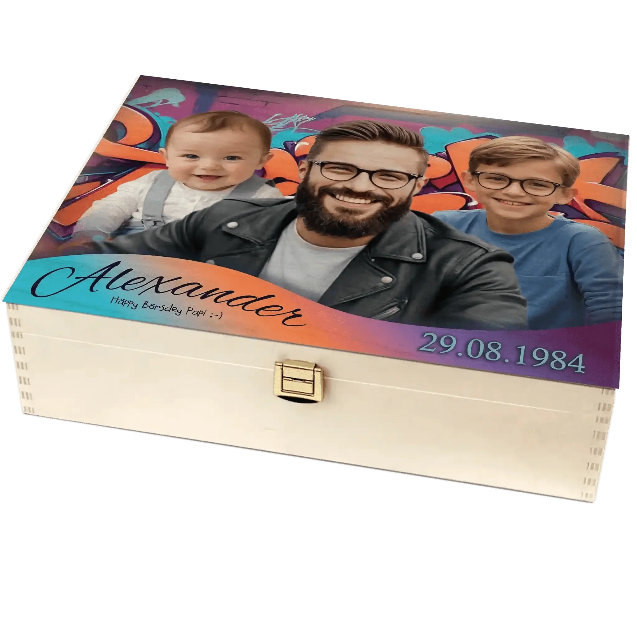 Personalisierte Holzbox mit Familienfoto, Vatertagsmotiv, farbigem Graffiti-Hintergrund und Namensaufdruck