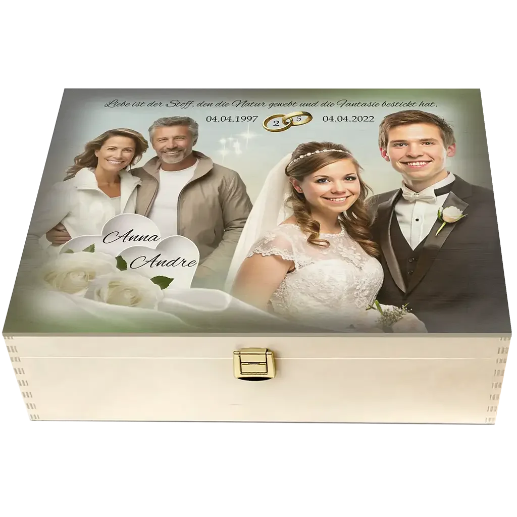 Holzbox Silberhochzeit mit Hochzeitsfoto, Namensschrift Anna Andre, Eheringe und Rosen