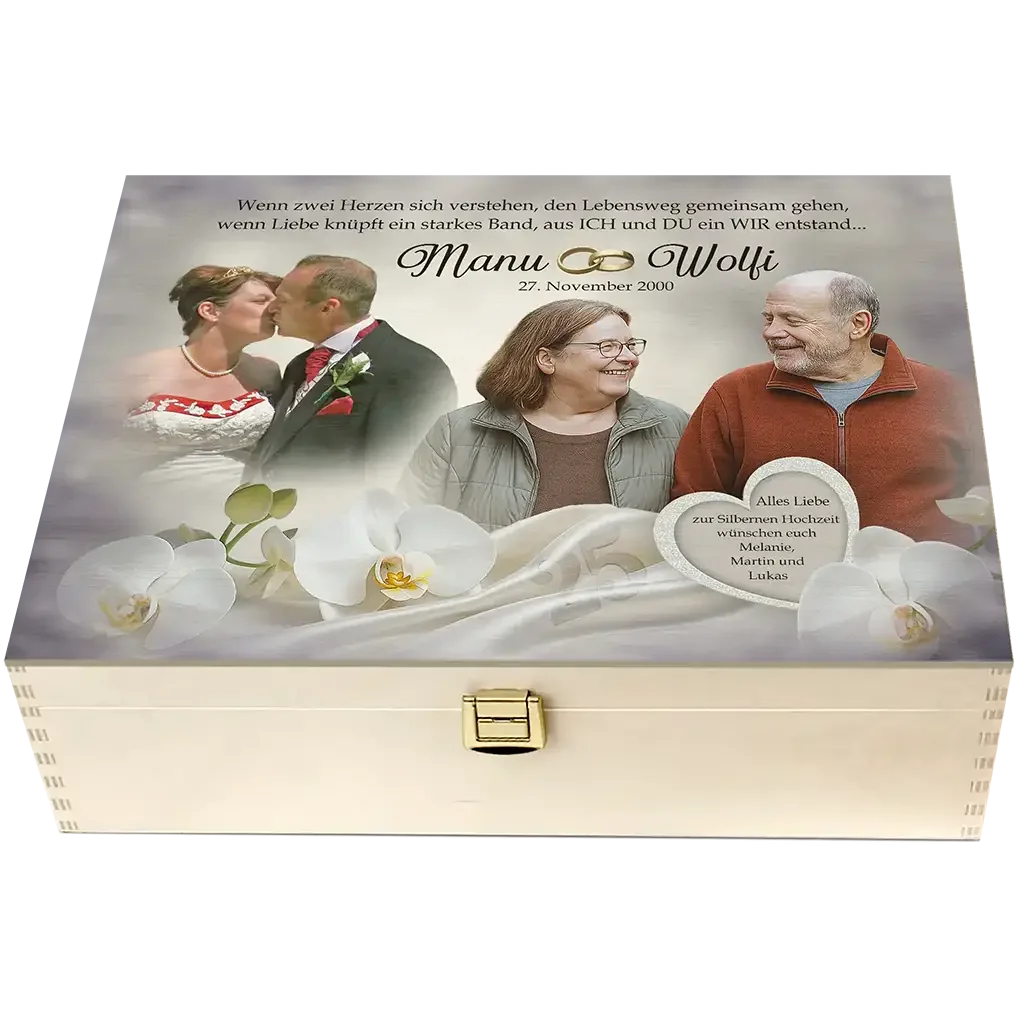 Personalisierte Holzbox Silberhochzeit mit Hochzeitsfotos, Orchideen und Gravur Manu Wolfi