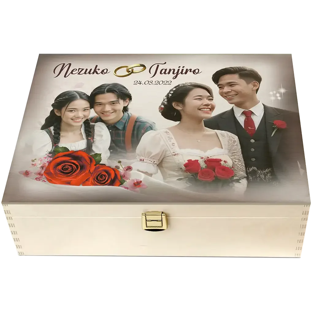 Holzbox Silberhochzeit Motiv mit Fotopaar, Rosen, Namen Nezuko Tanjiro, Eheringe, Datum