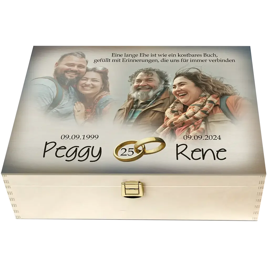Personalisierte Holzbox Silberhochzeit mit Fotos, Eheringen und Namen Peggy Rene