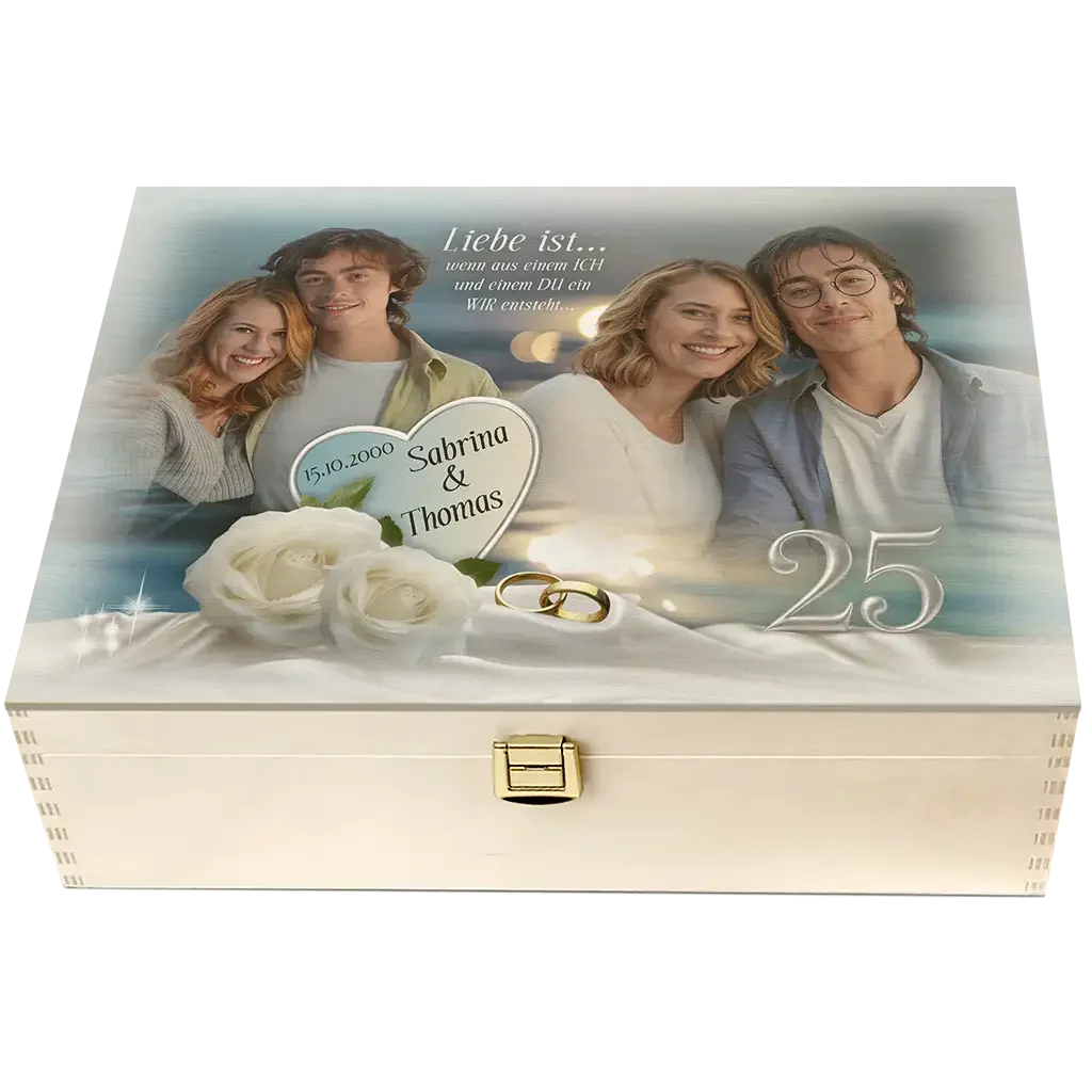 Personalisierte Holzbox zur Silberhochzeit mit Foto, weißen Rosen, Eheringen und Namen