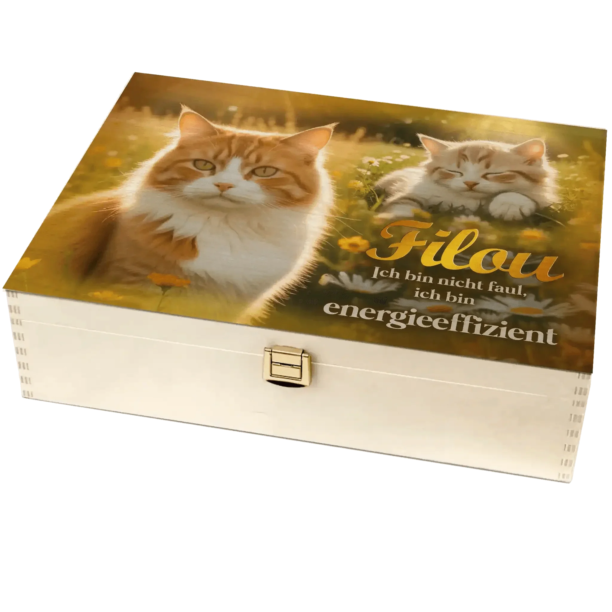 Holzbox mit Motiv von zwei roten Katzen auf einer Wiese, Aufschrift Filou, energieeffizient