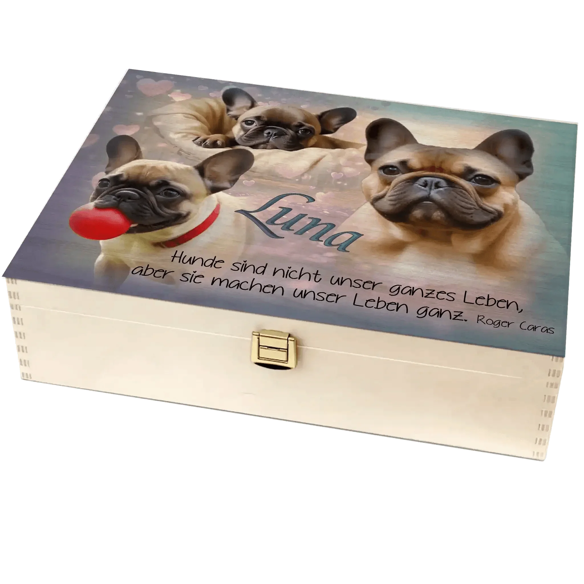 Holzbox mit Motiv von drei Französischen Bulldoggen, Name Luna und Hundespruch bedruckt