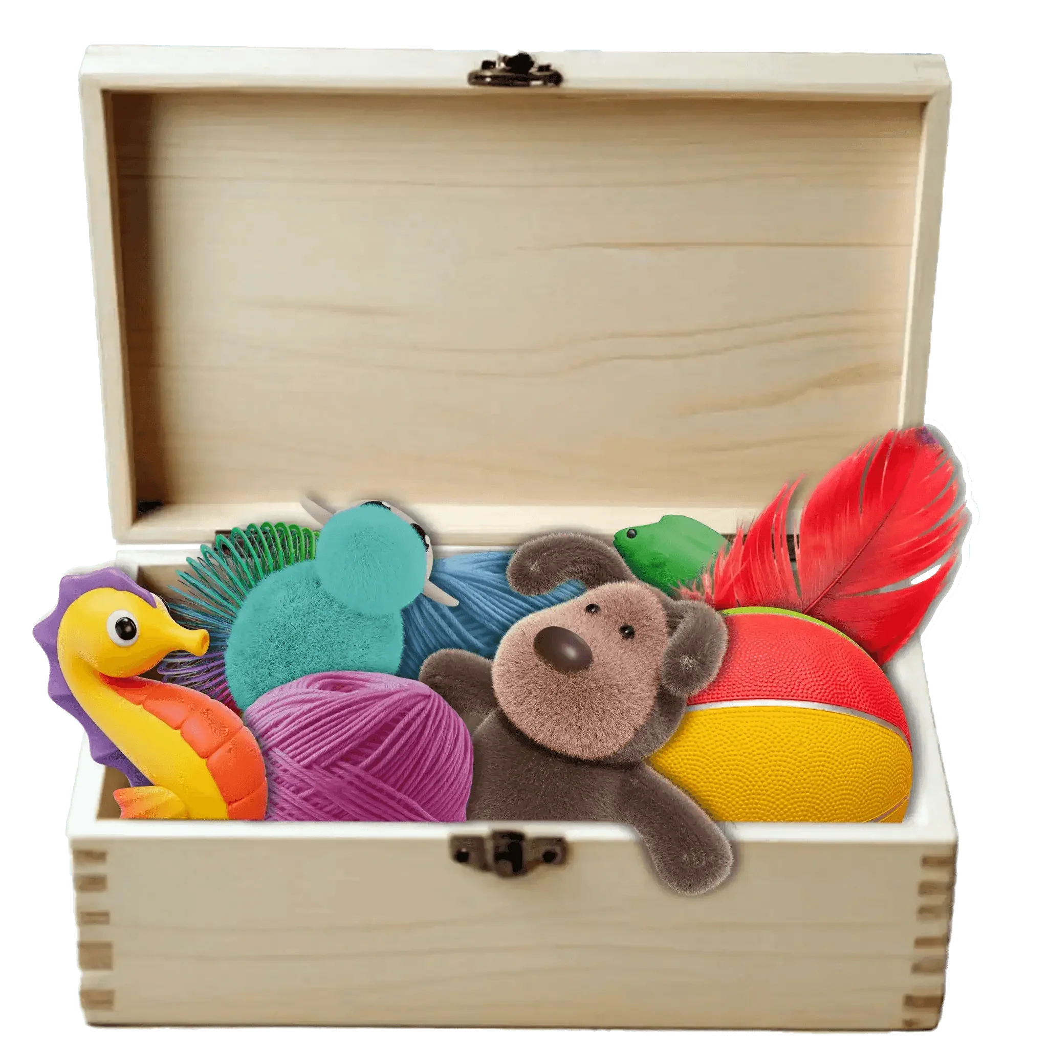 Holzbox mit bunten Tier-Spielzeugen, Ball, Federn und Wollknäuel, offen präsentiert